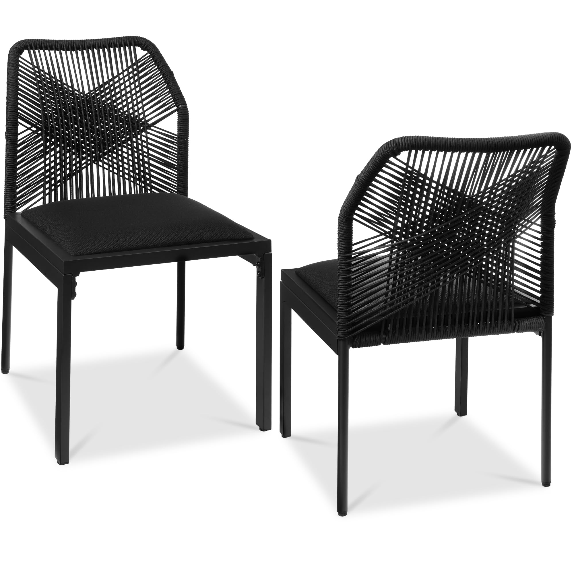 Best Choice Products Set of 2 Indoor/Outdoor Modern Dining Kitchen Chairs, All-Weather Rope Woven Design, Padded Cushions, Aluminum Frame for Dining Room, Living Room - Black/Obsidian