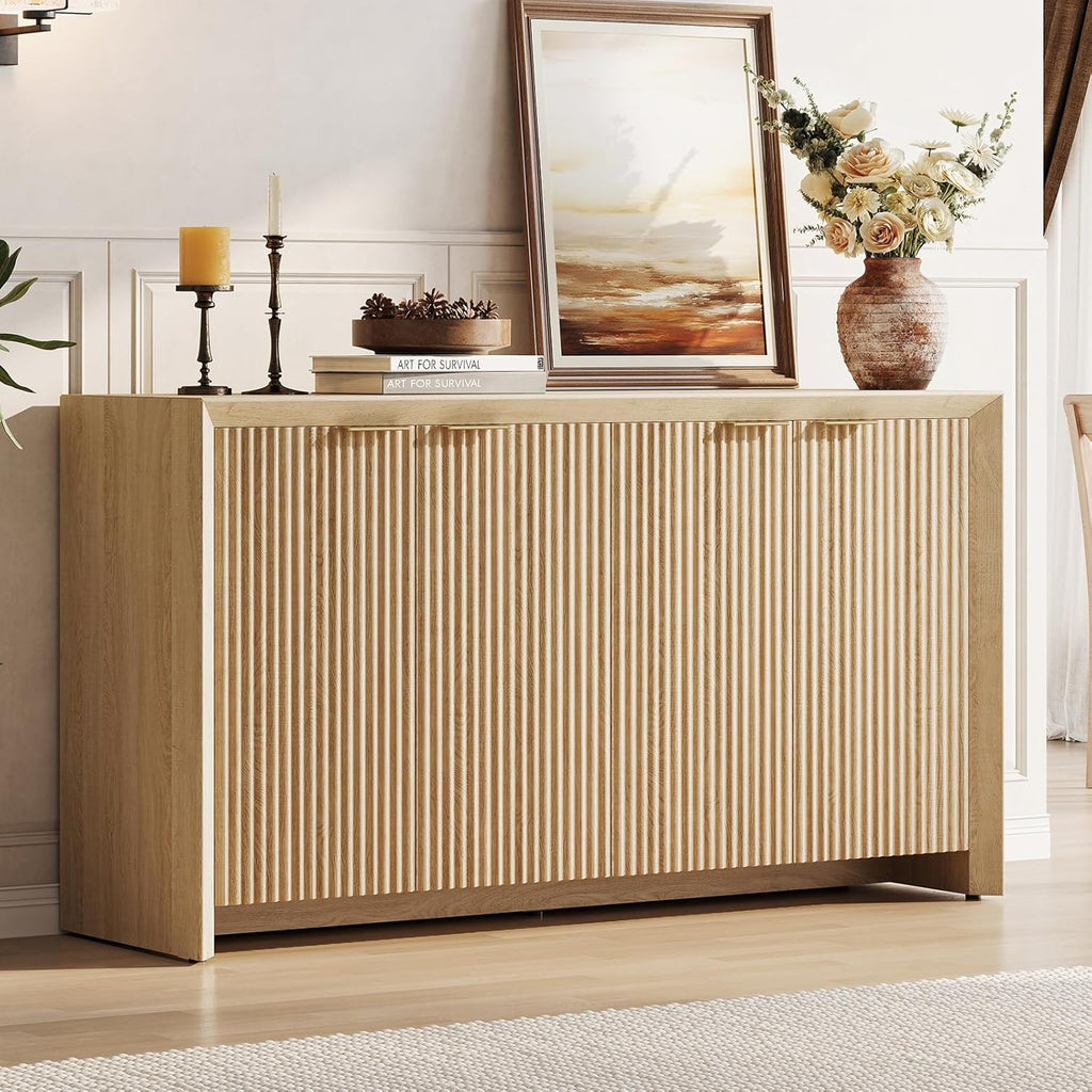ONBRILL Fluted Sideboard Buffet Cabinet with Storage, Wooden Modern Fluted Sideboard with 4 Doors and 5 Adjustable Shelves, Coffee Bar Table for Dining Room, Hallway, Kitchen (Natural Oak)