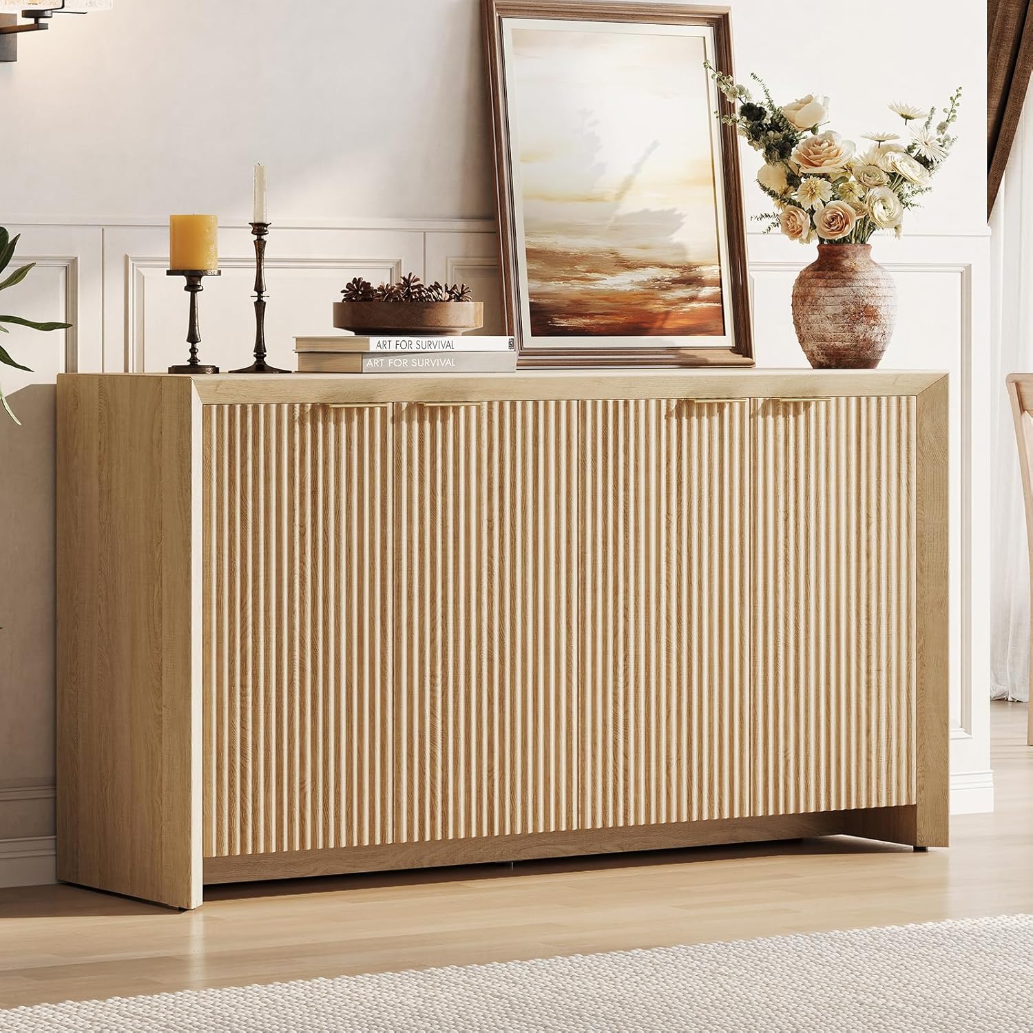 ONBRILL Fluted Sideboard Buffet Cabinet with Storage, Wooden Modern Fluted Sideboard with 4 Doors and 5 Adjustable Shelves, Coffee Bar Table for Dining Room, Hallway, Kitchen (Natural Oak)