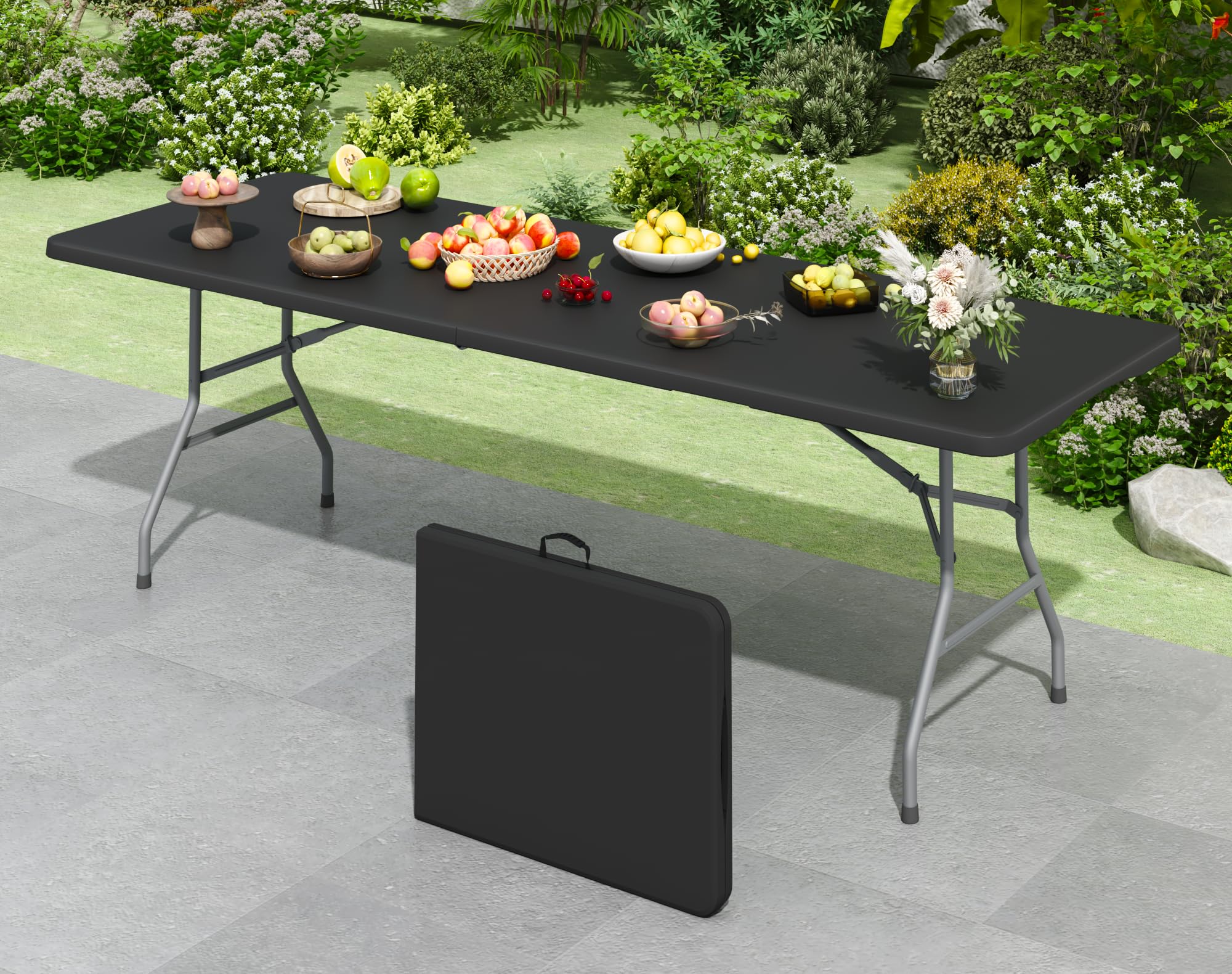 6FT Black Folding Table for Outdoor, 6 Foot Picnic Tables No Assembly Required Portable, Black Foldable Table for Camping, Parties, Meeting, Events, Wedding, BBQ, with Carrying Handle