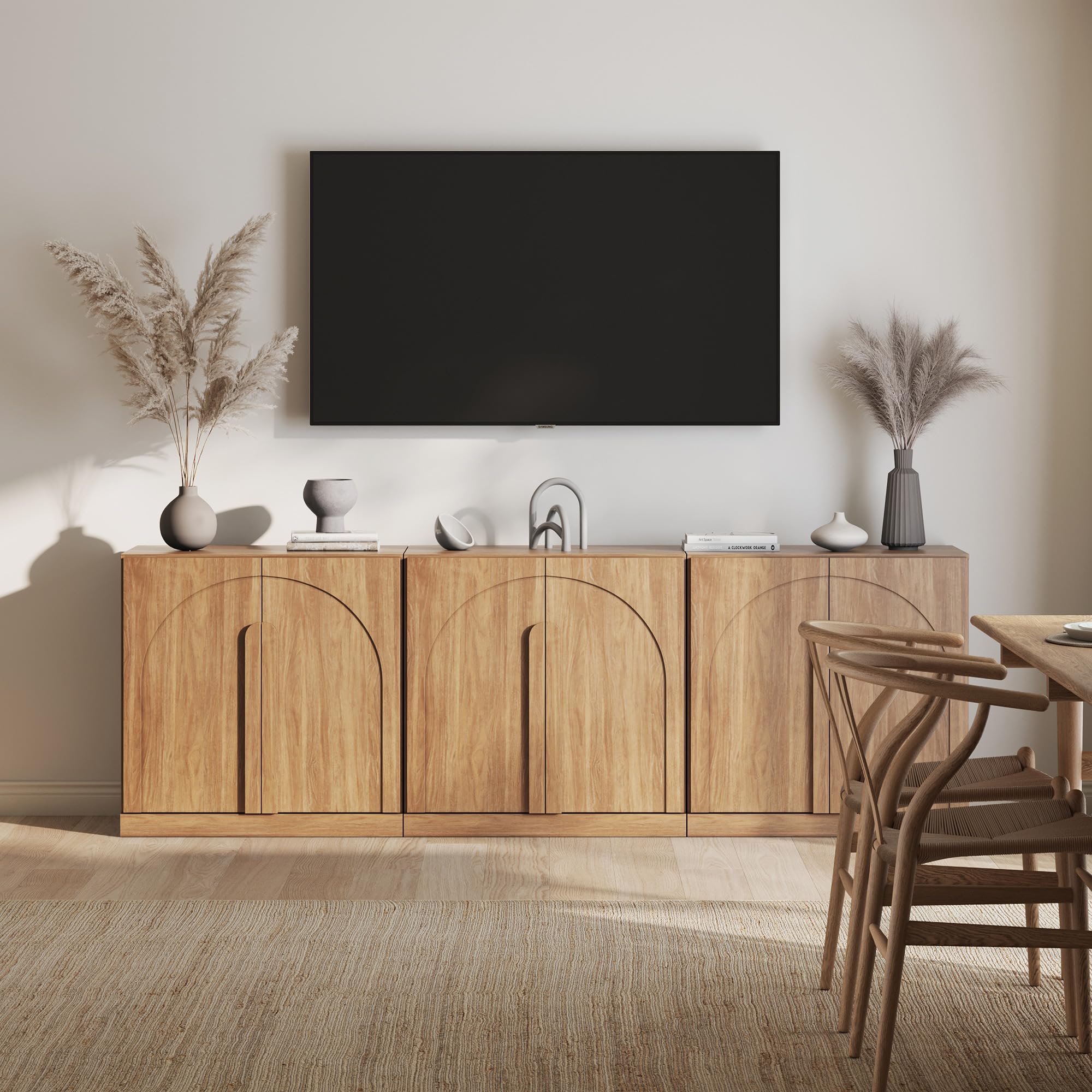 BELLEZE Modular Sideboard with Double-Arc Wood Doors, Small Arched Buffet Cabinet with Storage and Adjustable Shelves, Classic Modern Credenza for Dining Room, Living Room, or Entryway(Camel)