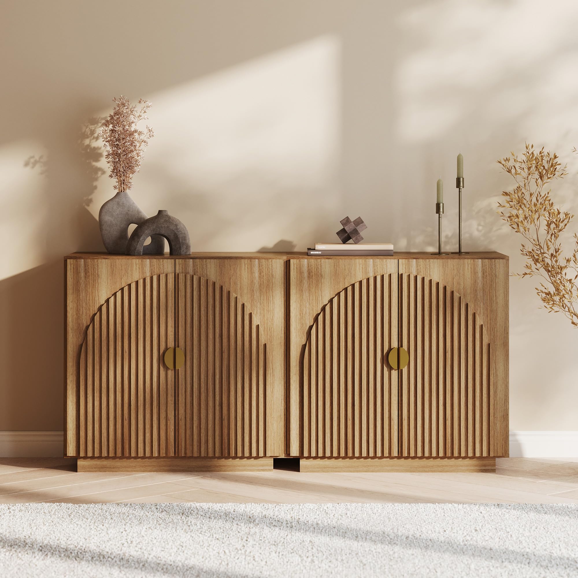 BELLEZE Modular Sideboard with Double-Arc Wood Doors, Small Arched Buffet Cabinet with Storage and Adjustable Shelves, Classic Modern Credenza for Dining Room, Living Room, or Entryway(Camel)