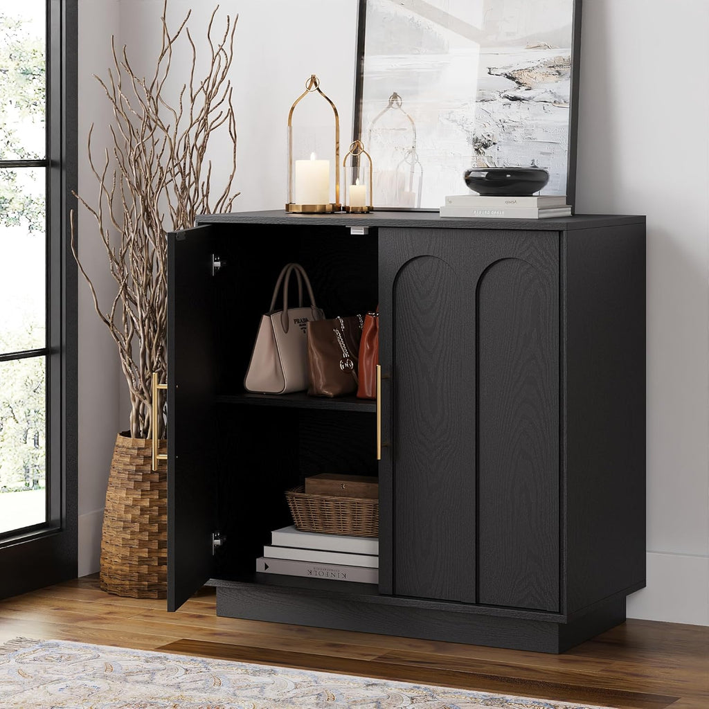 FORTUNETEC Sideboard Buffet Cabinet with Storage, Modern Accent Cabinet with Arched Doors & Shelf, 31.5" Modular Media Console, Minimalist Credenza for Living Room Kitchen Dining Room Entryway, Black