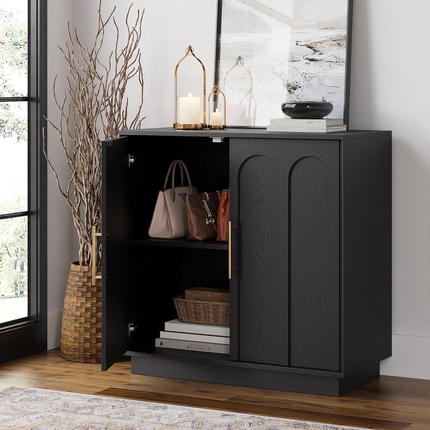 FORTUNETEC Sideboard Buffet Cabinet with Storage, Modern Accent Cabinet with Arched Doors & Shelf, 31.5" Modular Media Console, Minimalist Credenza for Living Room Kitchen Dining Room Entryway, Black