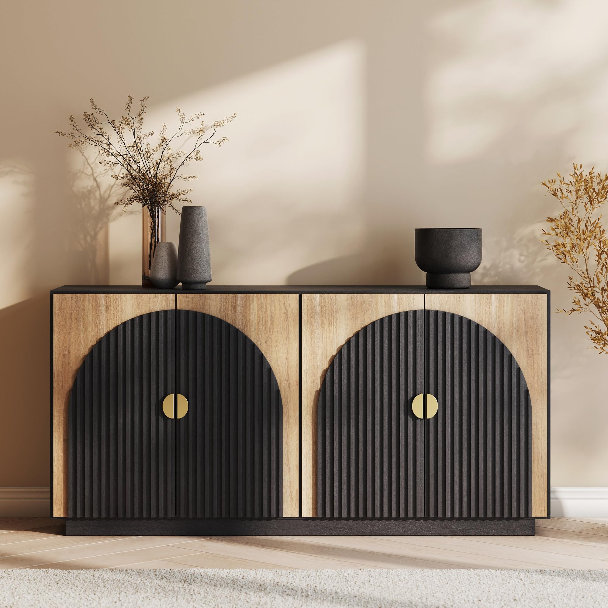 BELLEZE Modular Sideboard with Double-Arc Wood Doors, Small Arched Buffet Cabinet with Storage and Adjustable Shelves, Classic Modern Credenza for Dining Room, Living Room, or Entryway(Camel)