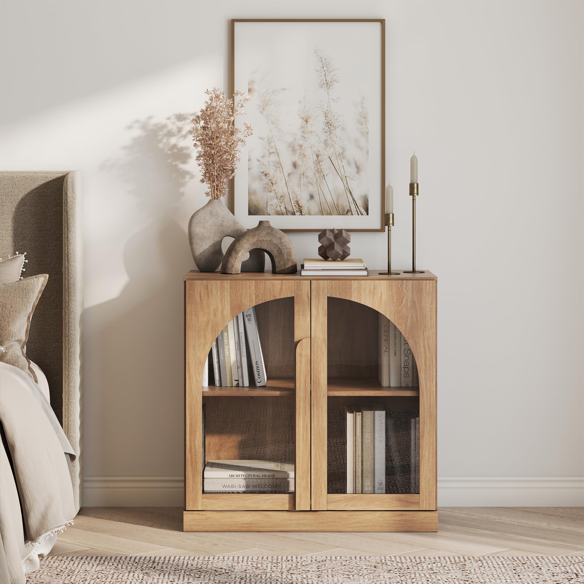 BELLEZE Modular Sideboard with Double-Arc Wood Doors, Small Arched Buffet Cabinet with Storage and Adjustable Shelves, Classic Modern Credenza for Dining Room, Living Room, or Entryway(Camel)