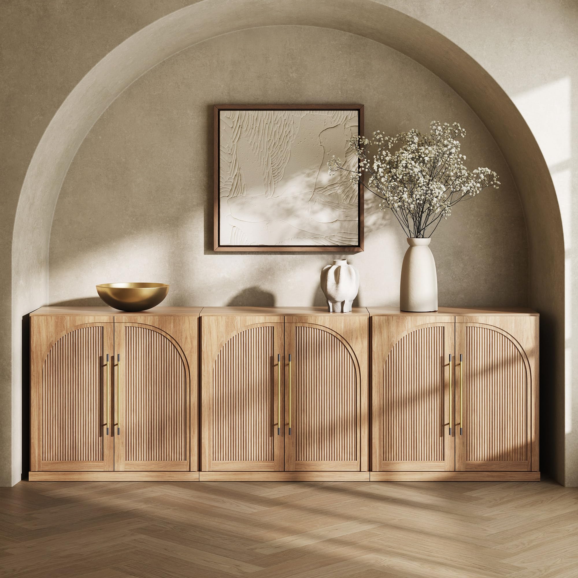BELLEZE Modular Sideboard with Double-Arc Wood Doors, Small Arched Buffet Cabinet with Storage and Adjustable Shelves, Classic Modern Credenza for Dining Room, Living Room, or Entryway(Camel)