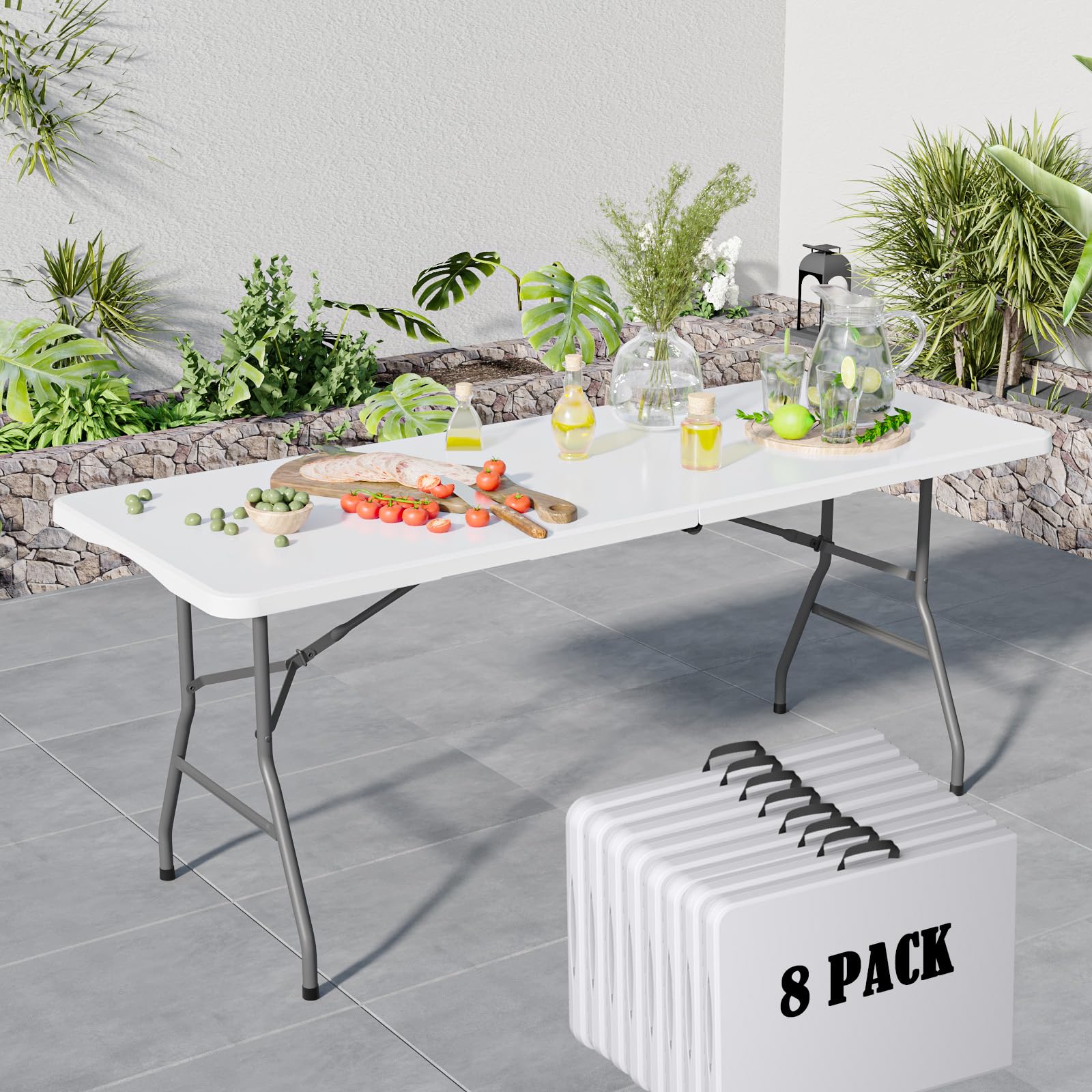 6FT Black Folding Table for Outdoor, 6 Foot Picnic Tables No Assembly Required Portable, Black Foldable Table for Camping, Parties, Meeting, Events, Wedding, BBQ, with Carrying Handle