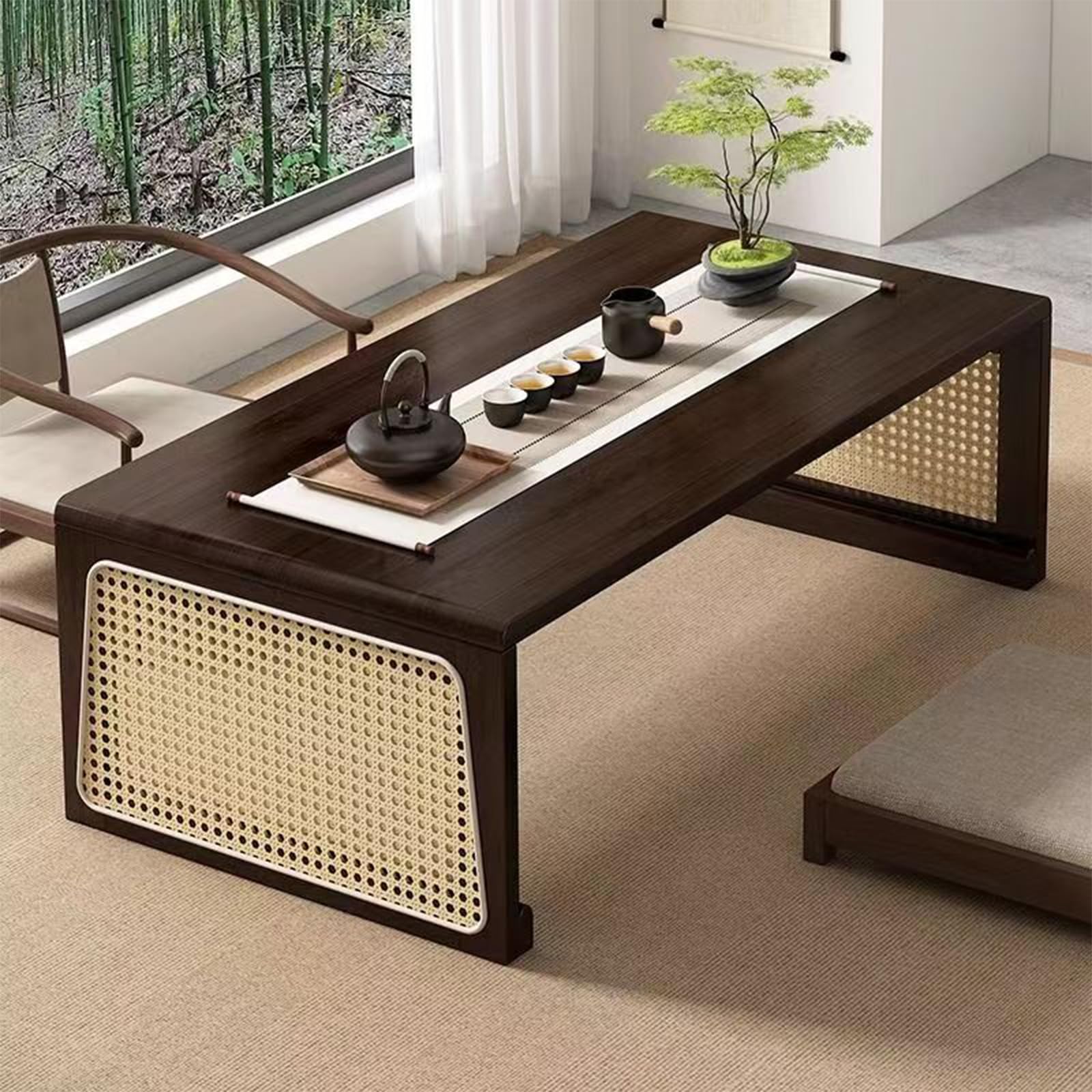 Japanese Floor Table Bamboo Folding Coffee Table Portable Solid Wood Japanese Coffee Table, No Assembly Japanese Dining Table for Sitting on The Floor, Easy Storage(39.4 * 18.9 * 13.8in.)