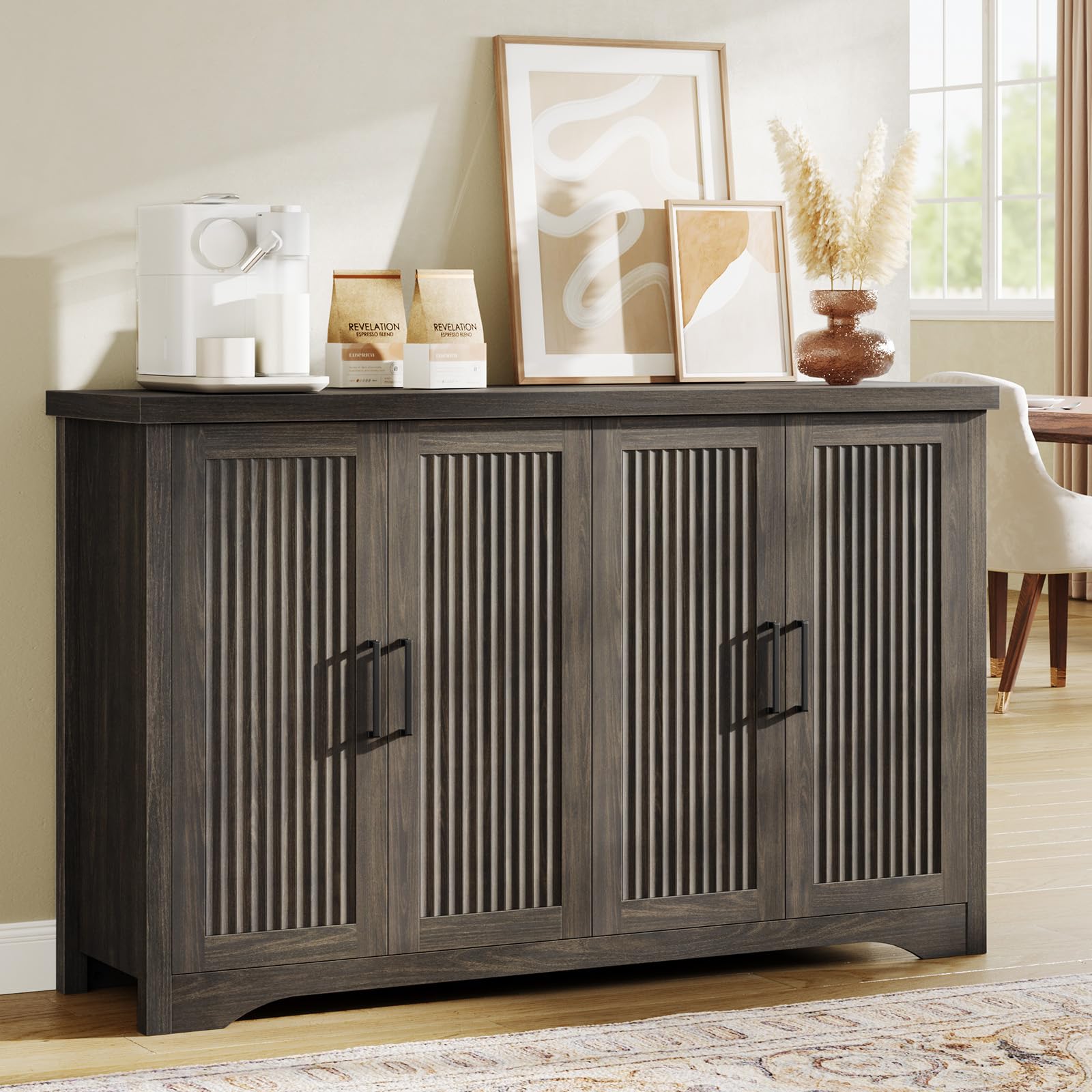 Memobarco Fluted Buffet Cabinet with Storage Accent Sideboard,Modern Credenza with 4 Doors & Adjustable Shelves,Wood Coffee Bar Table Console for Dining Room Kitchen Living Room Entryway,Natural Oak