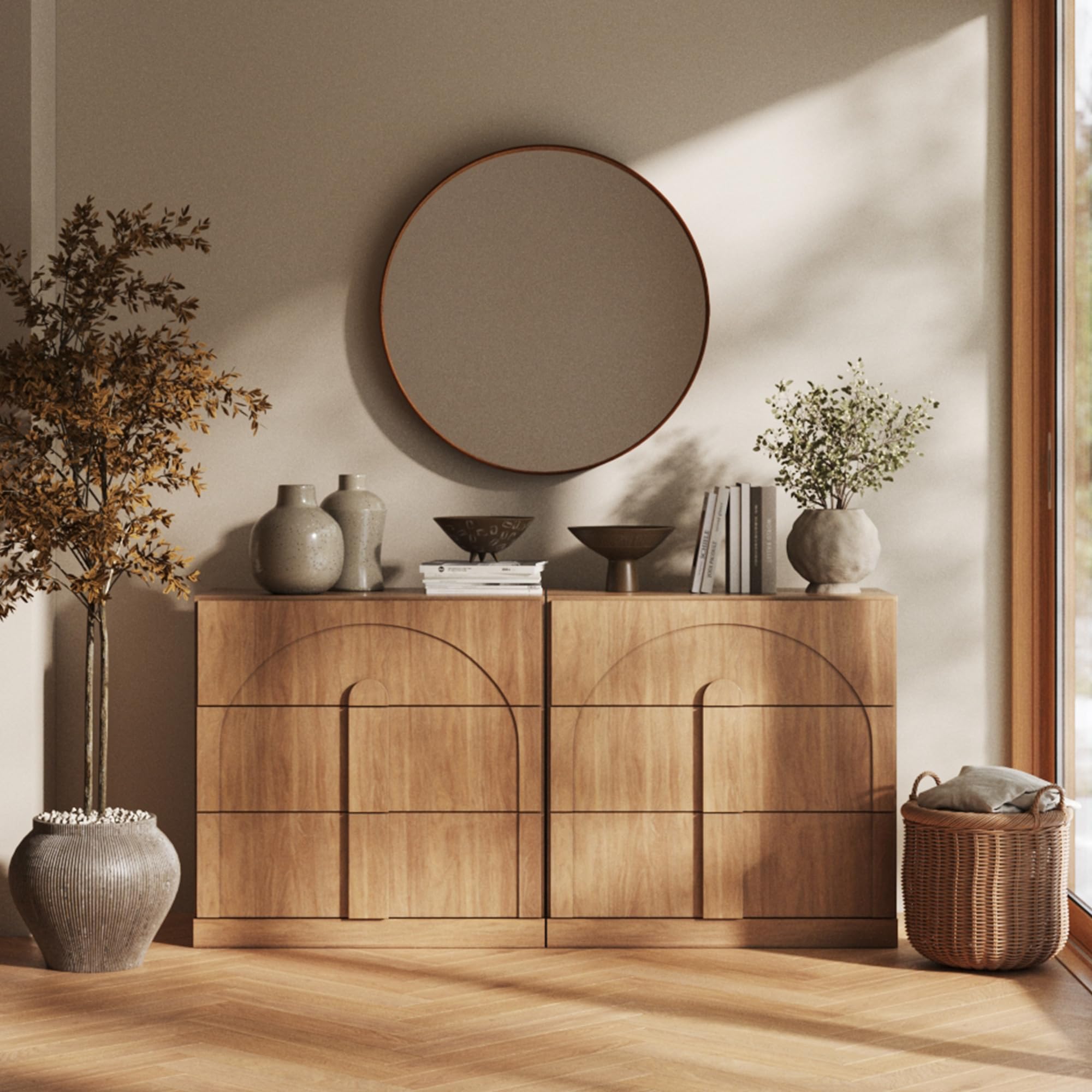 BELLEZE Modular Sideboard with Double-Arc Wood Doors, Small Arched Buffet Cabinet with Storage and Adjustable Shelves, Classic Modern Credenza for Dining Room, Living Room, or Entryway(Camel)