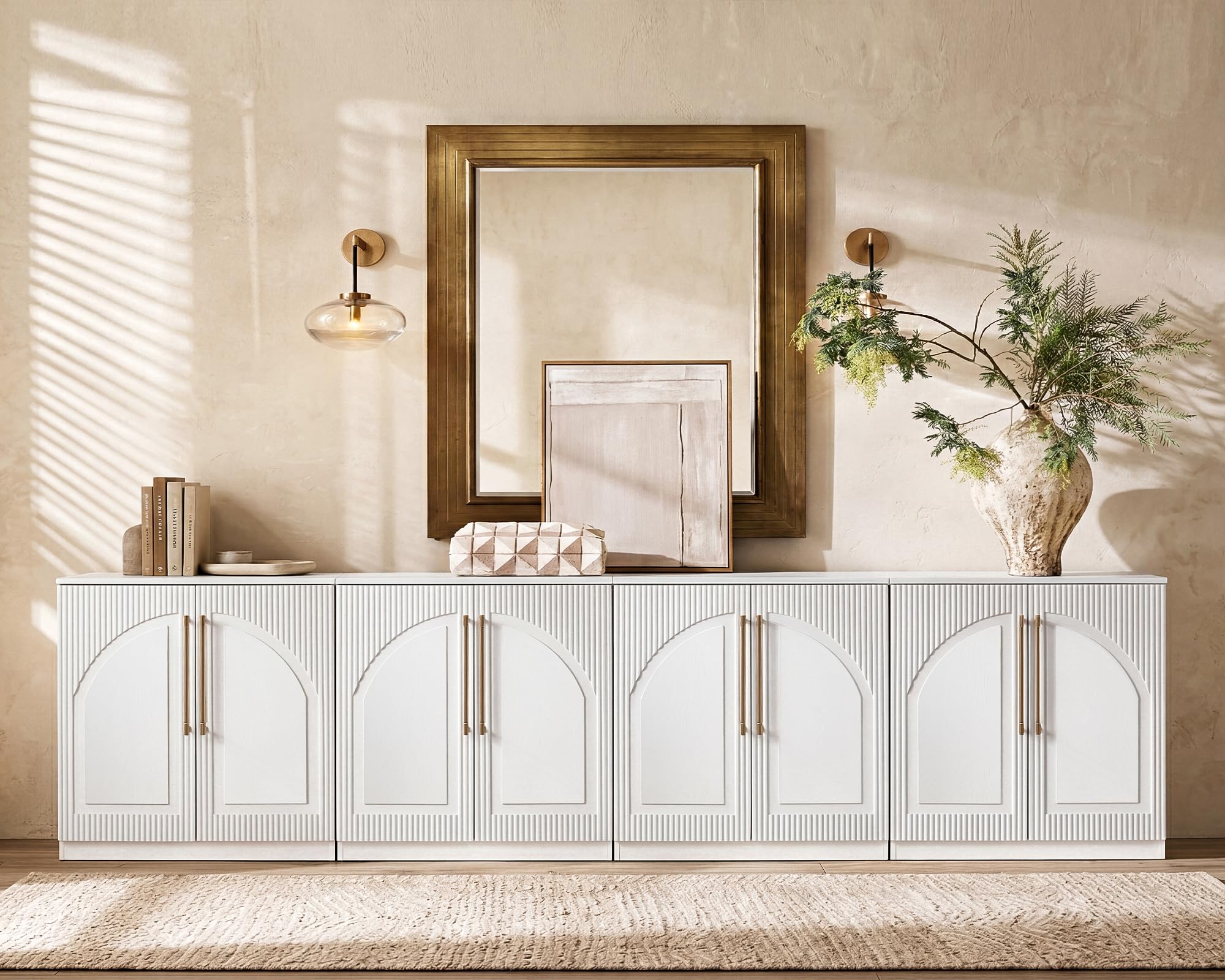 Morden Fort Handmade Fluted Arched Cabinet, Luxury Accent Cabinet with Adjustable Shelves, Durable Wood Modern Sideboard Buffet Credenza for Living Room Dining Room Entryway Bathroom White 31''