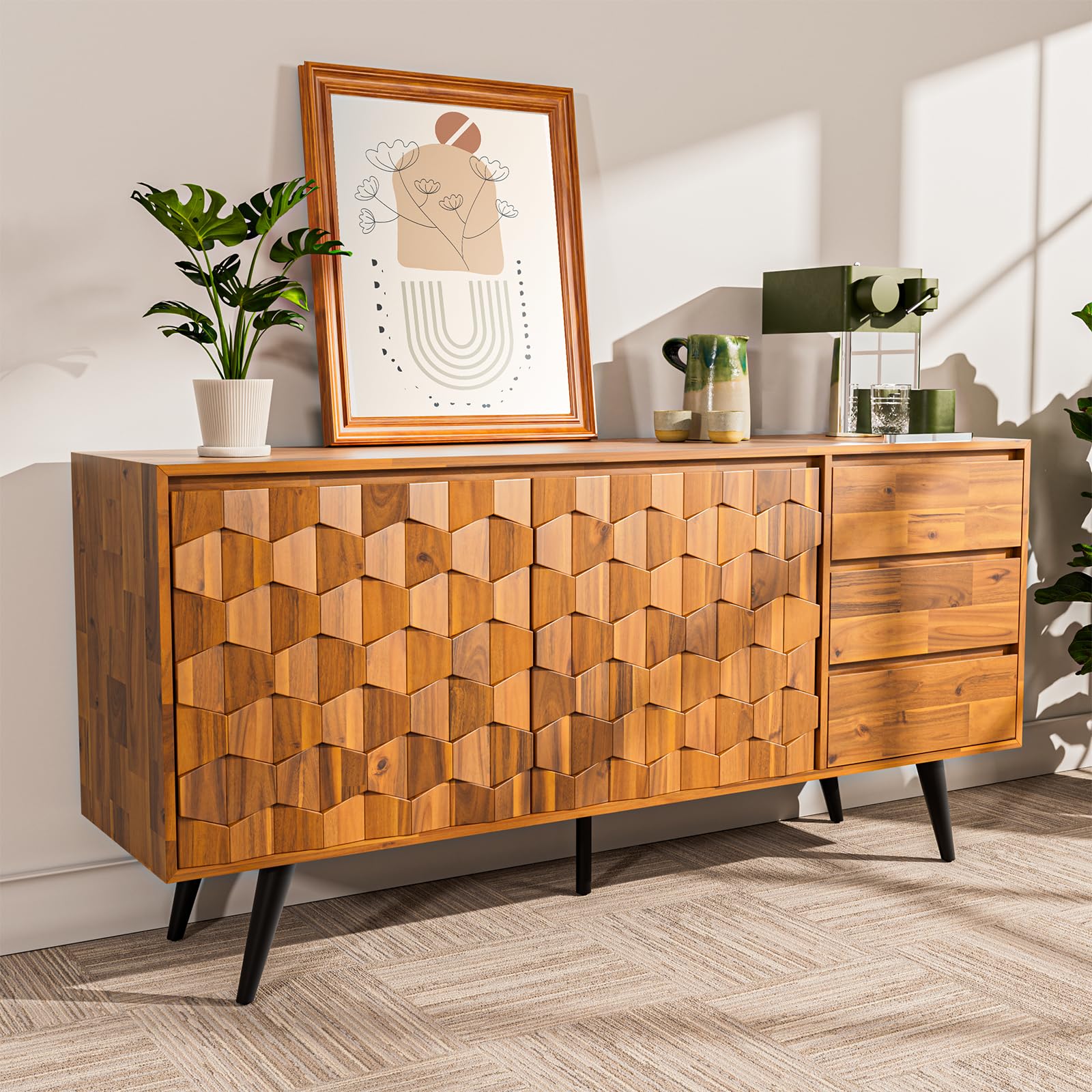 Bme Sideboard Georgina Solid Wood 2 Doors & 3 Drawers, 61'' Mid Century Modern Cabinet with Geometric Pattern for Kitchen, Dining, Living Room
