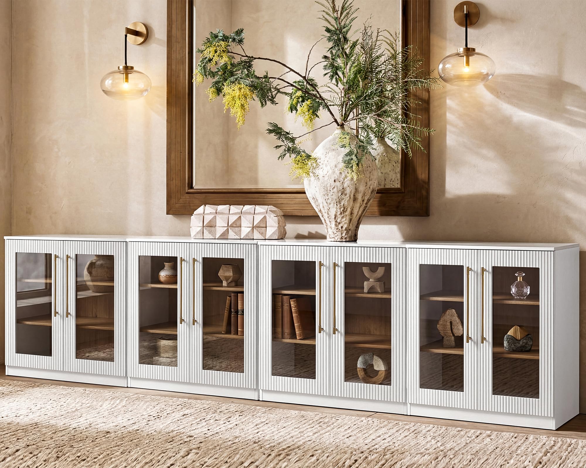 Morden Fort Handmade Fluted Arched Cabinet, Luxury Accent Cabinet with Adjustable Shelves, Durable Wood Modern Sideboard Buffet Credenza for Living Room Dining Room Entryway Bathroom White 31''