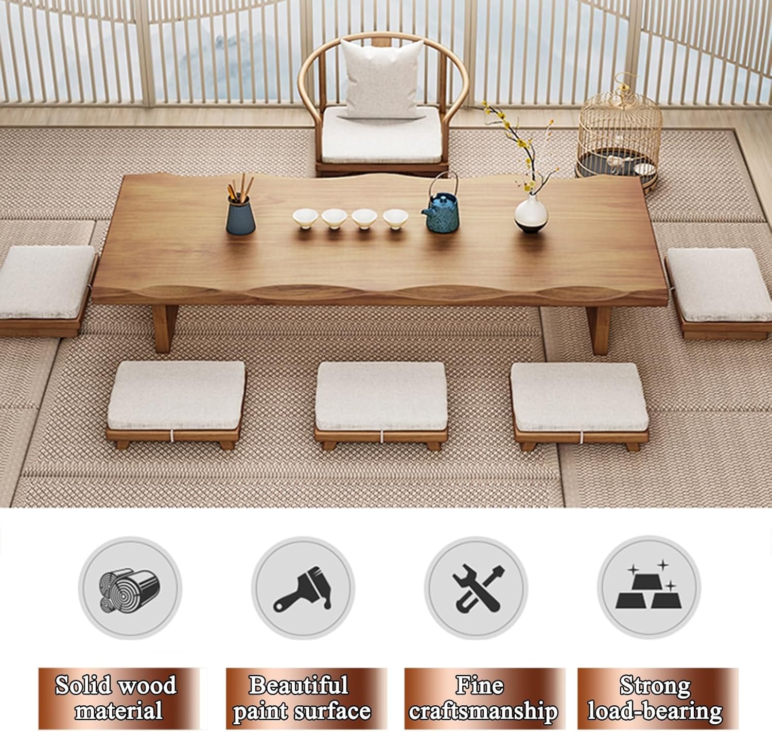 Solid Wood Japanese Low Floor Table Meditation Floor Sitting Altar Table for Living/Tea/Reception Room(Brown,55.1x23.6x13.7in)