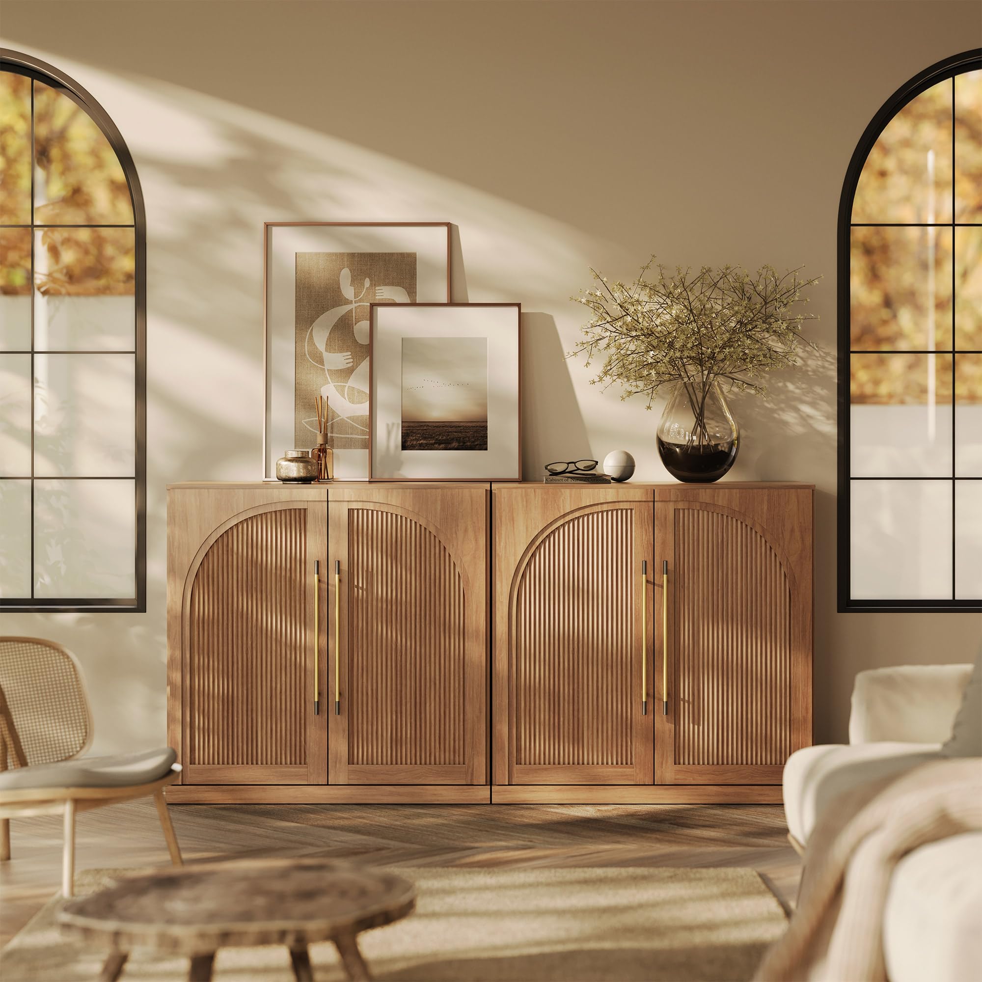 BELLEZE Modular Sideboard with Double-Arc Wood Doors, Small Arched Buffet Cabinet with Storage and Adjustable Shelves, Classic Modern Credenza for Dining Room, Living Room, or Entryway(Camel)