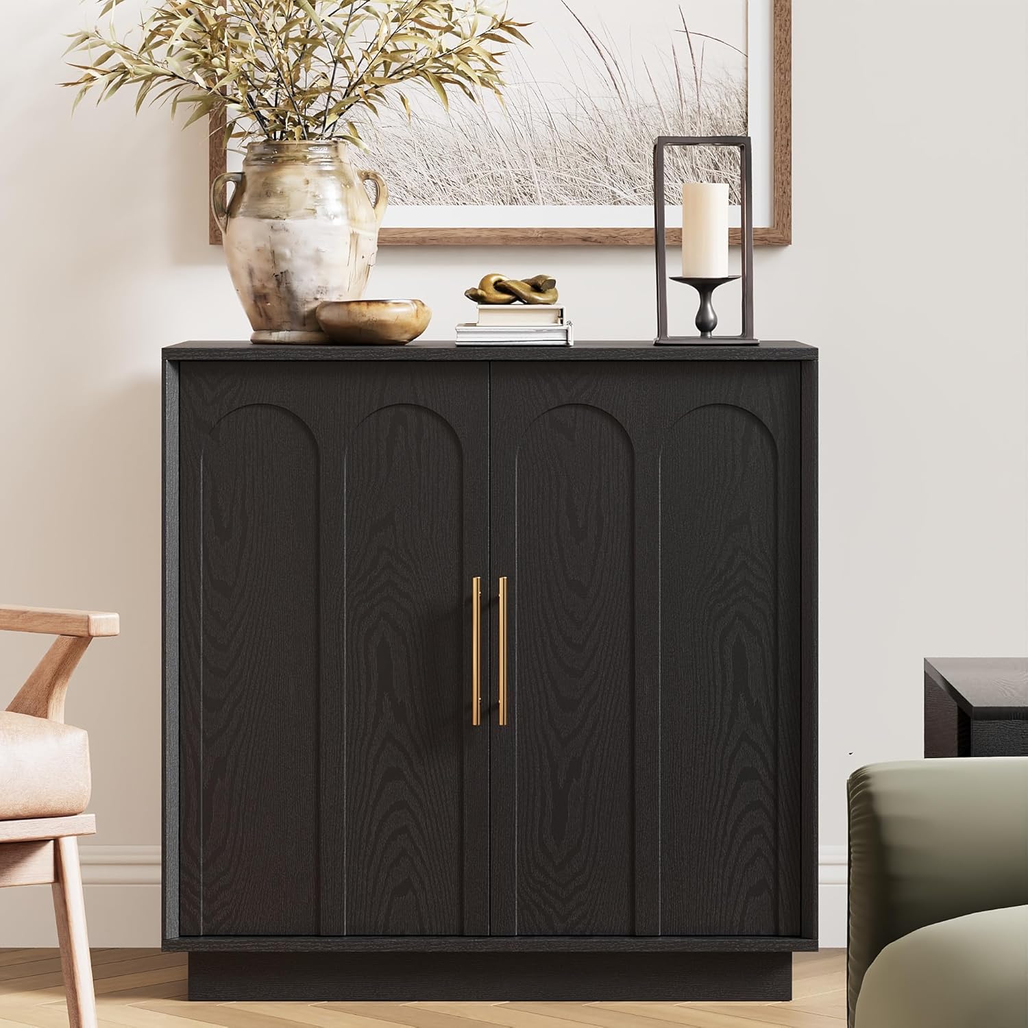 FORTUNETEC Sideboard Buffet Cabinet with Storage, Modern Accent Cabinet with Arched Doors & Shelf, 31.5" Modular Media Console, Minimalist Credenza for Living Room Kitchen Dining Room Entryway, Black