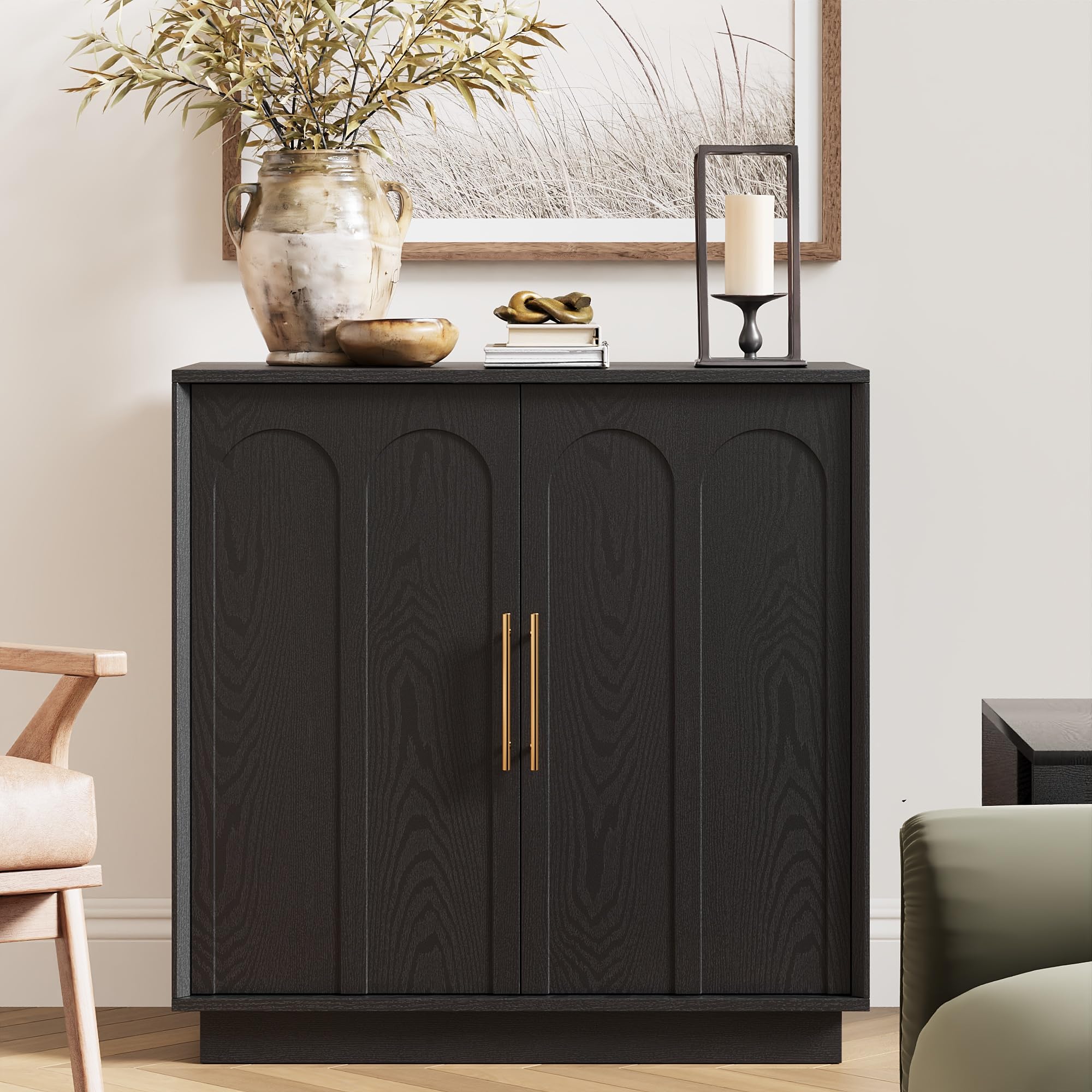 FORTUNETEC Sideboard Buffet Cabinet with Storage, Modern Accent Cabinet with Arched Doors & Shelf, 31.5" Modular Media Console, Minimalist Credenza for Living Room Kitchen Dining Room Entryway, Black