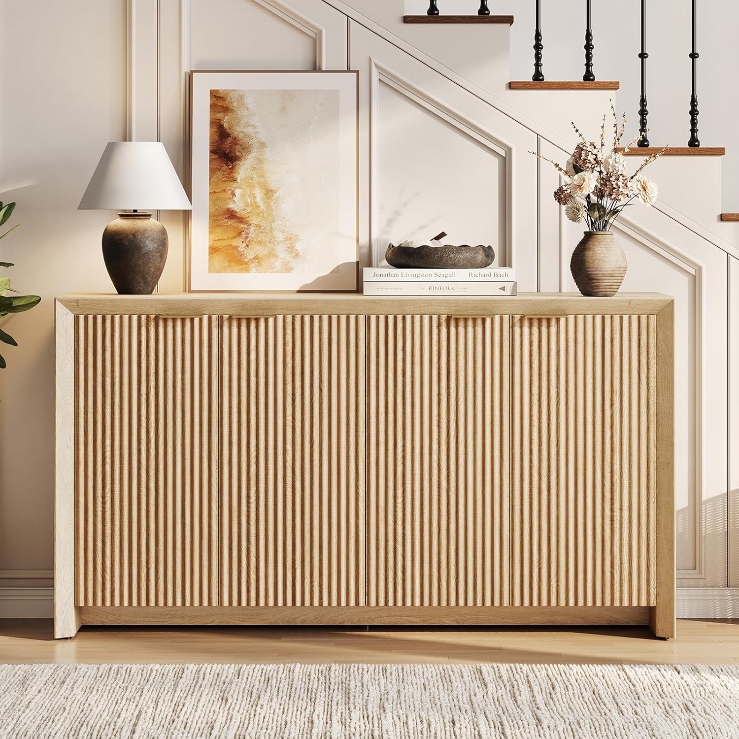 ONBRILL Fluted Sideboard Buffet Cabinet with Storage, Wooden Modern Fluted Sideboard with 4 Doors and 5 Adjustable Shelves, Coffee Bar Table for Dining Room, Hallway, Kitchen (Natural Oak)