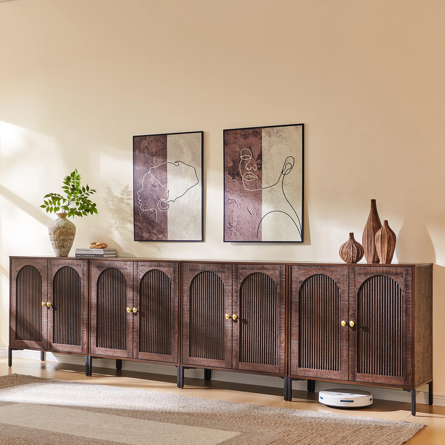 IFGET Modern Buffet Cabinet with Storage, 34" Tall Fluted Arched Sideboard Cabinet w/Adjustable Shelves, Wooden Modular Coffee Bar for Dining Room, Kitchen, Living Room, Entryway, Natural