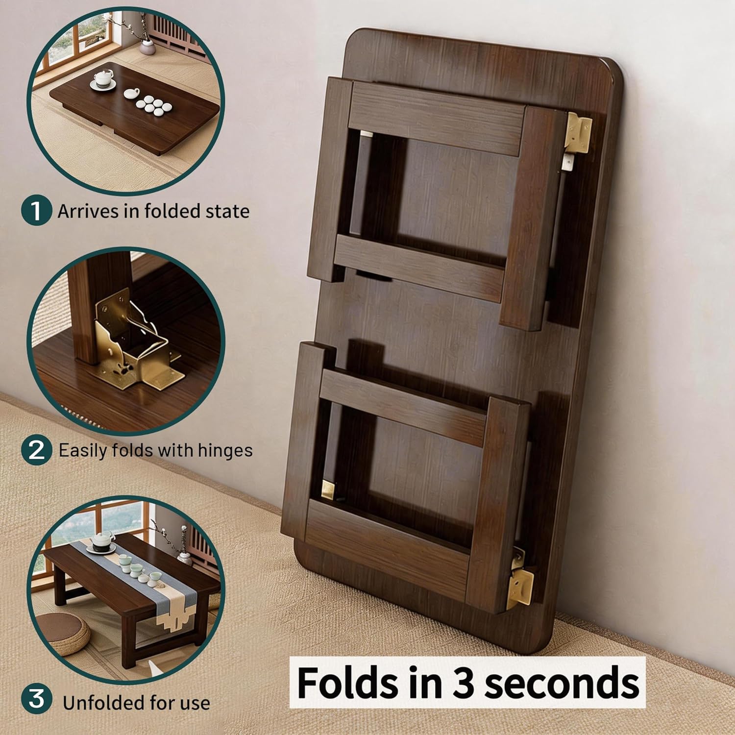 Japanese Folding Floor Table Foldable Coffee Tables Low Tables Versatile for Sitting Dining Table Tea Tatami Desk No Assembly Unique (39.4 * 19.7 * 11.8 inch)