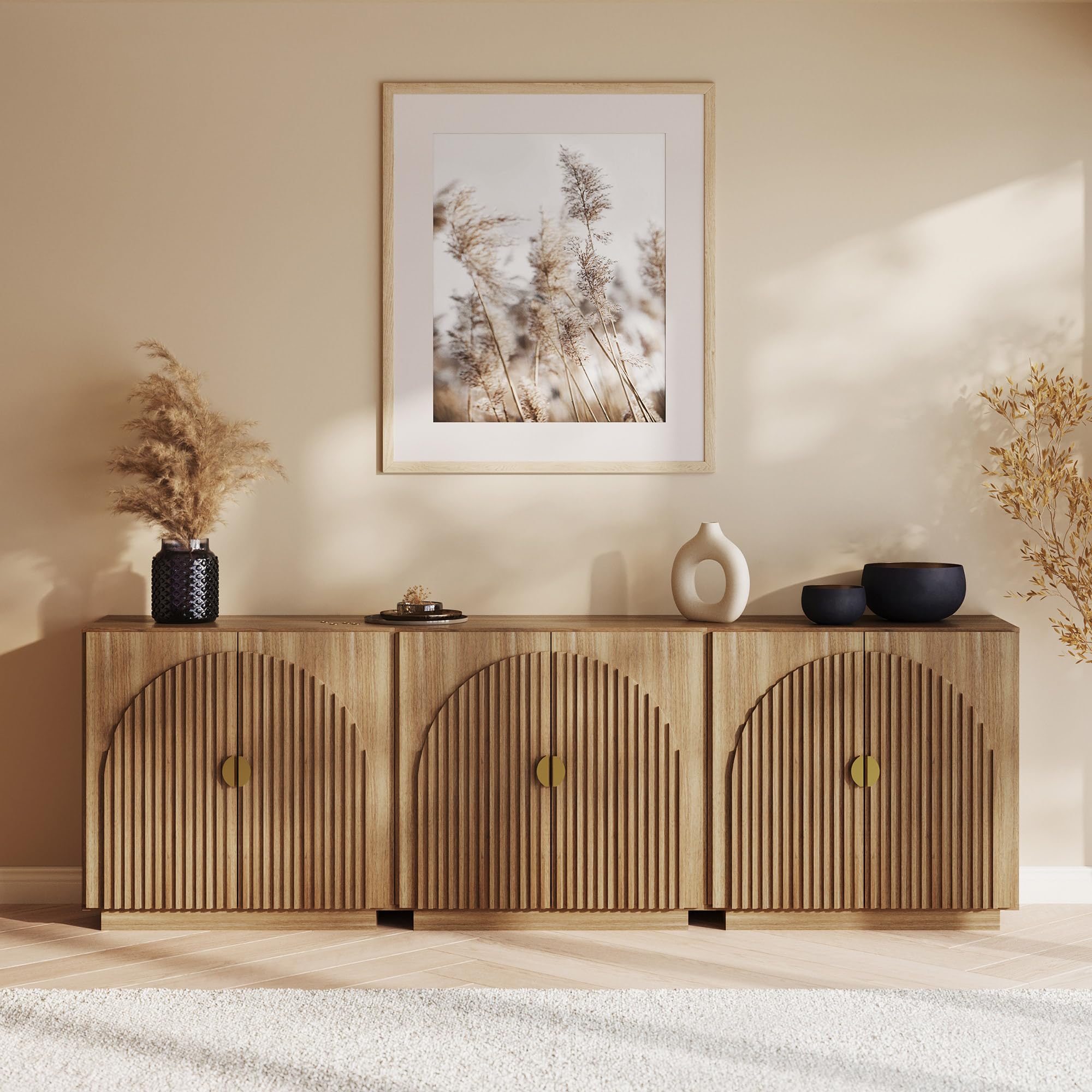 BELLEZE Modular Sideboard with Double-Arc Wood Doors, Small Arched Buffet Cabinet with Storage and Adjustable Shelves, Classic Modern Credenza for Dining Room, Living Room, or Entryway(Camel)