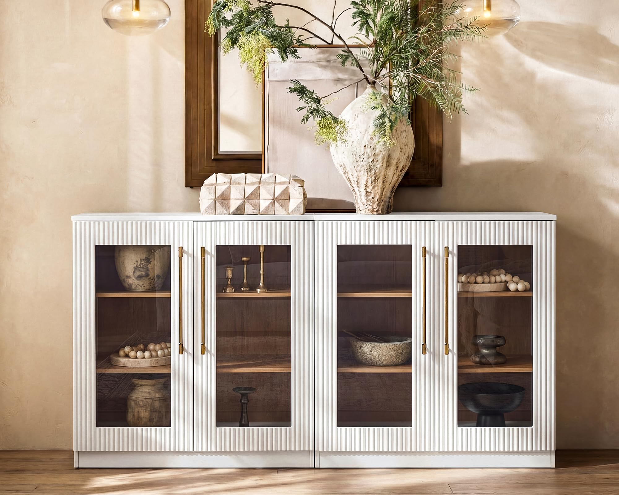 Morden Fort Handmade Fluted Arched Cabinet, Luxury Accent Cabinet with Adjustable Shelves, Durable Wood Modern Sideboard Buffet Credenza for Living Room Dining Room Entryway Bathroom White 31''