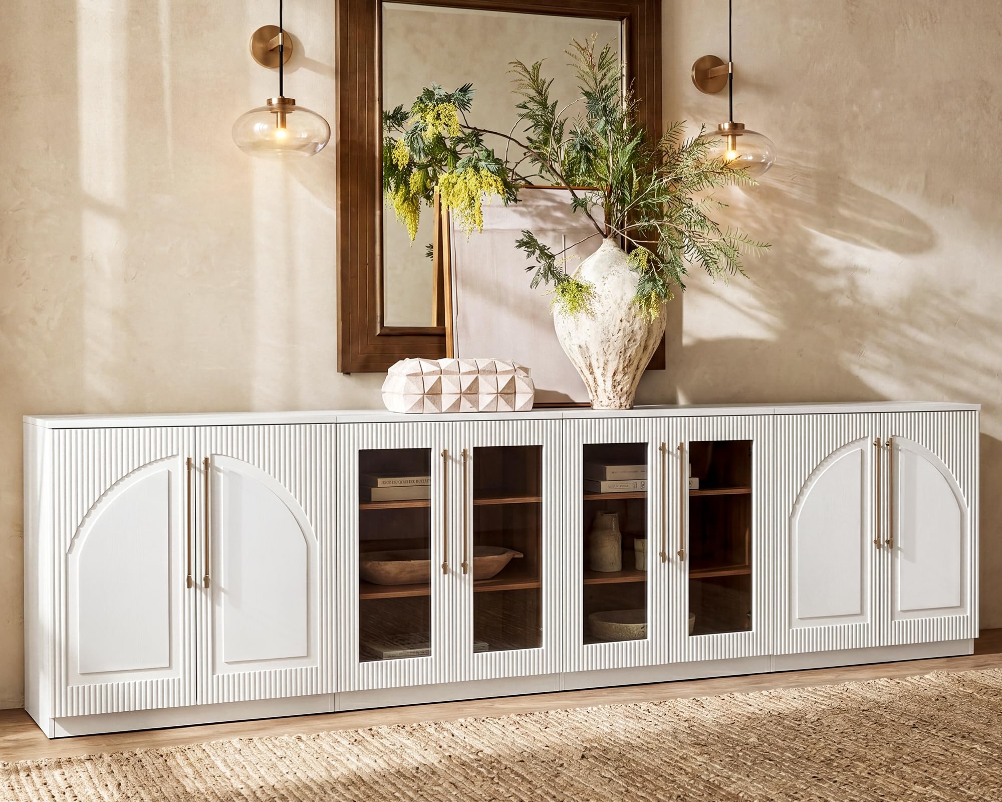 Morden Fort Handmade Fluted Arched Cabinet, Luxury Accent Cabinet with Adjustable Shelves, Durable Wood Modern Sideboard Buffet Credenza for Living Room Dining Room Entryway Bathroom White 31''