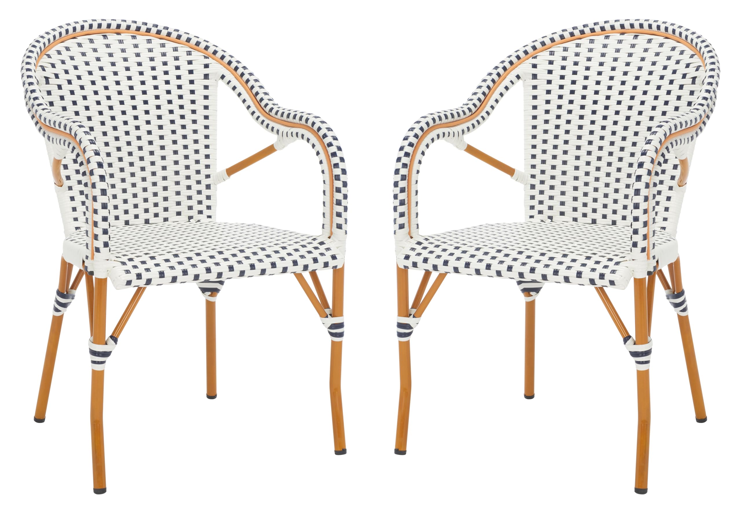 SAFAVIEH Outdoor - California Armchair Set of 2 - Navy - Faux Wicker & Aluminum Frame - Woven Bistro Design with Arms - Ideal for Patio, Deck, Sunroom, Dining Area, 17.3" Seat Height (PAT7531B-SET2)