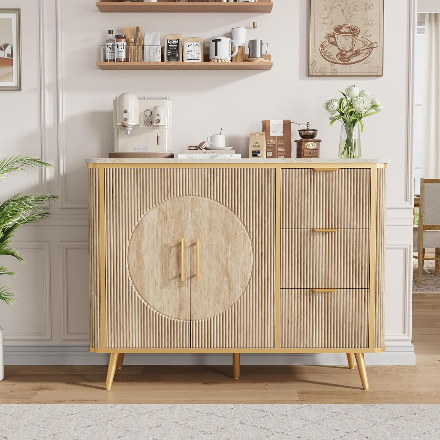 47.3" Modern Buffet Cabinet with Storage, Kitchen Sideboard Buffet with 2 Door & 3 Drawers, Fluted Caffee Bar Storage Cabinet for Dining Room, Living Room, Entryway, Natural Oak