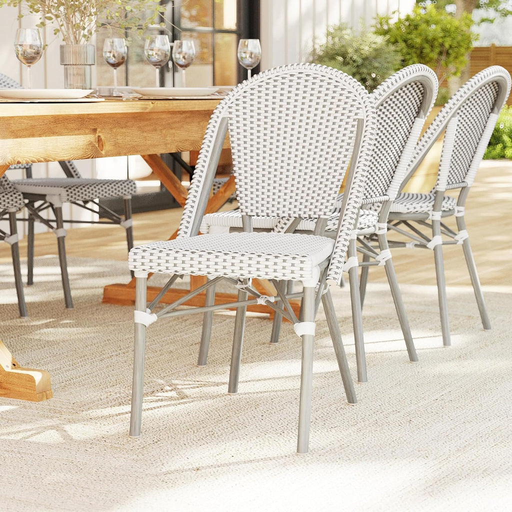 Martha Stewart Lily Pond Indoor-Outdoor Stackable Aluminum Bistro Chair with Natural Woodgrain Frame Finish and White/Navy Woven Rattan Backrest and Seat