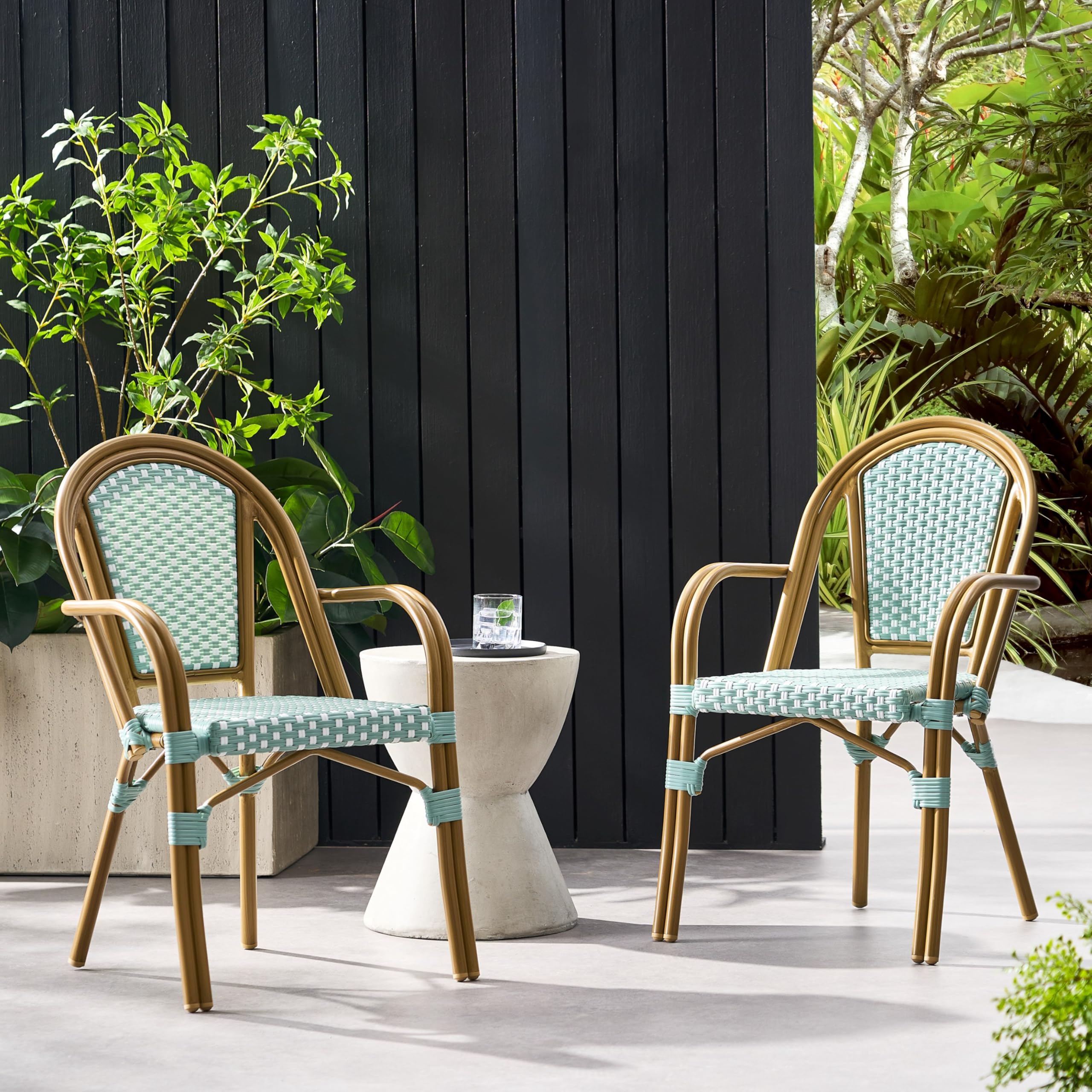 Christopher Knight Home Philomena Outdoor French Bistro Chair (Set of 2), Gray + White + Bamboo Print Finish