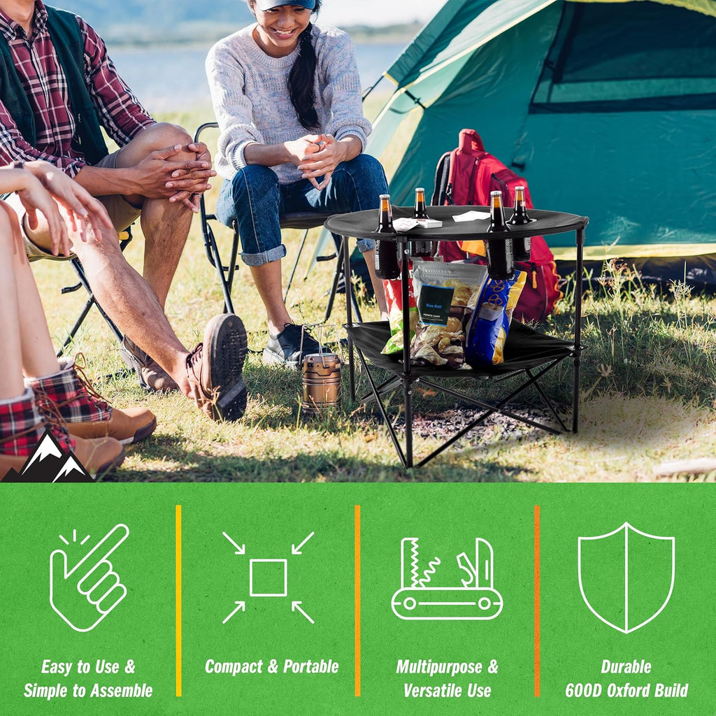 Camping Table - 2-Tier Folding Table with 4 Cupholders and Carry Bag for Picnic, Tailgate, Beach, or Camp - Camping Gear by Wakeman Outdoors (Black)