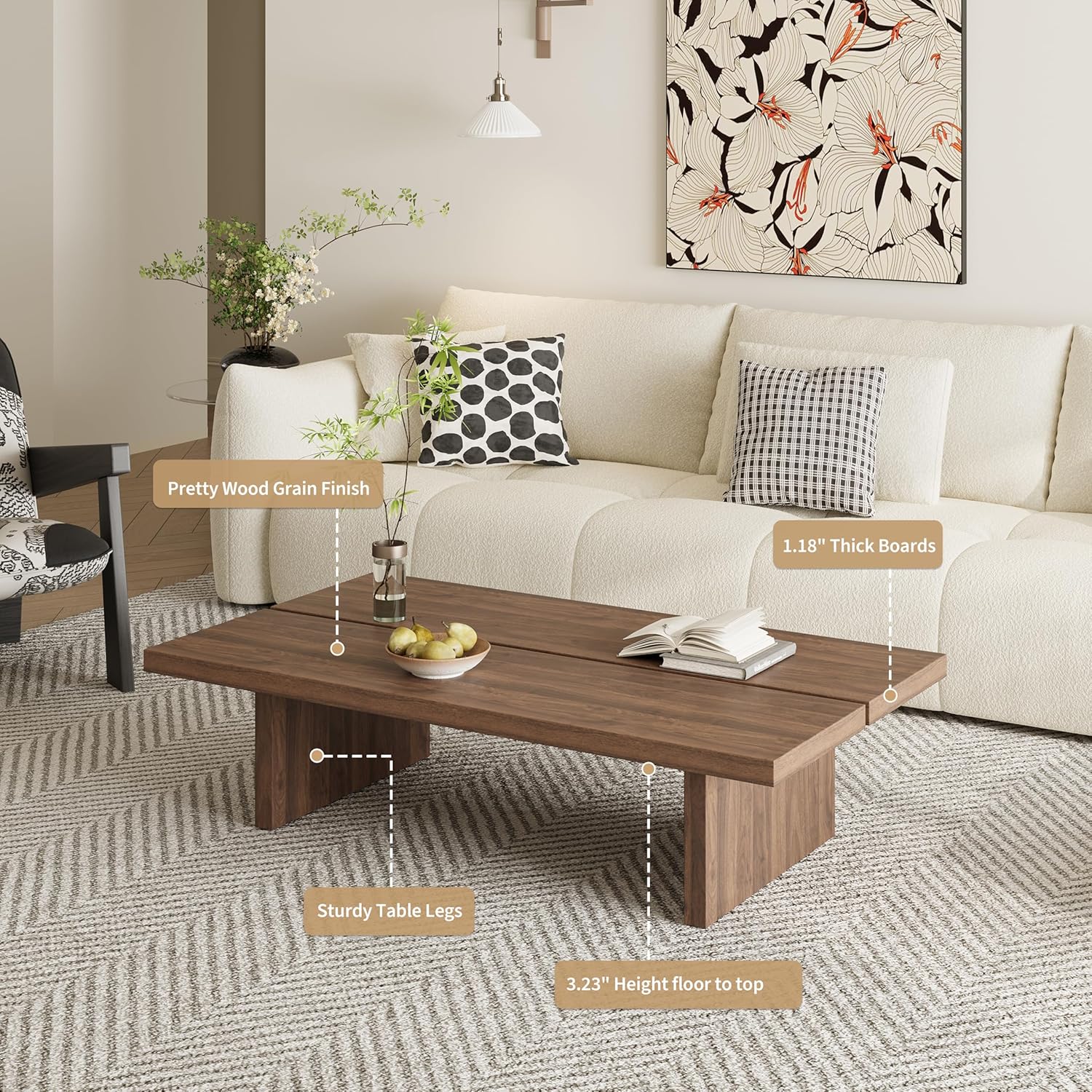 47" Rectangular Walnut Grain Coffee Table - Minimalist Modern Coffee Tables for Living Room, Japanese Tea Table, Low Profile Center Table for Home & Office (Brown)