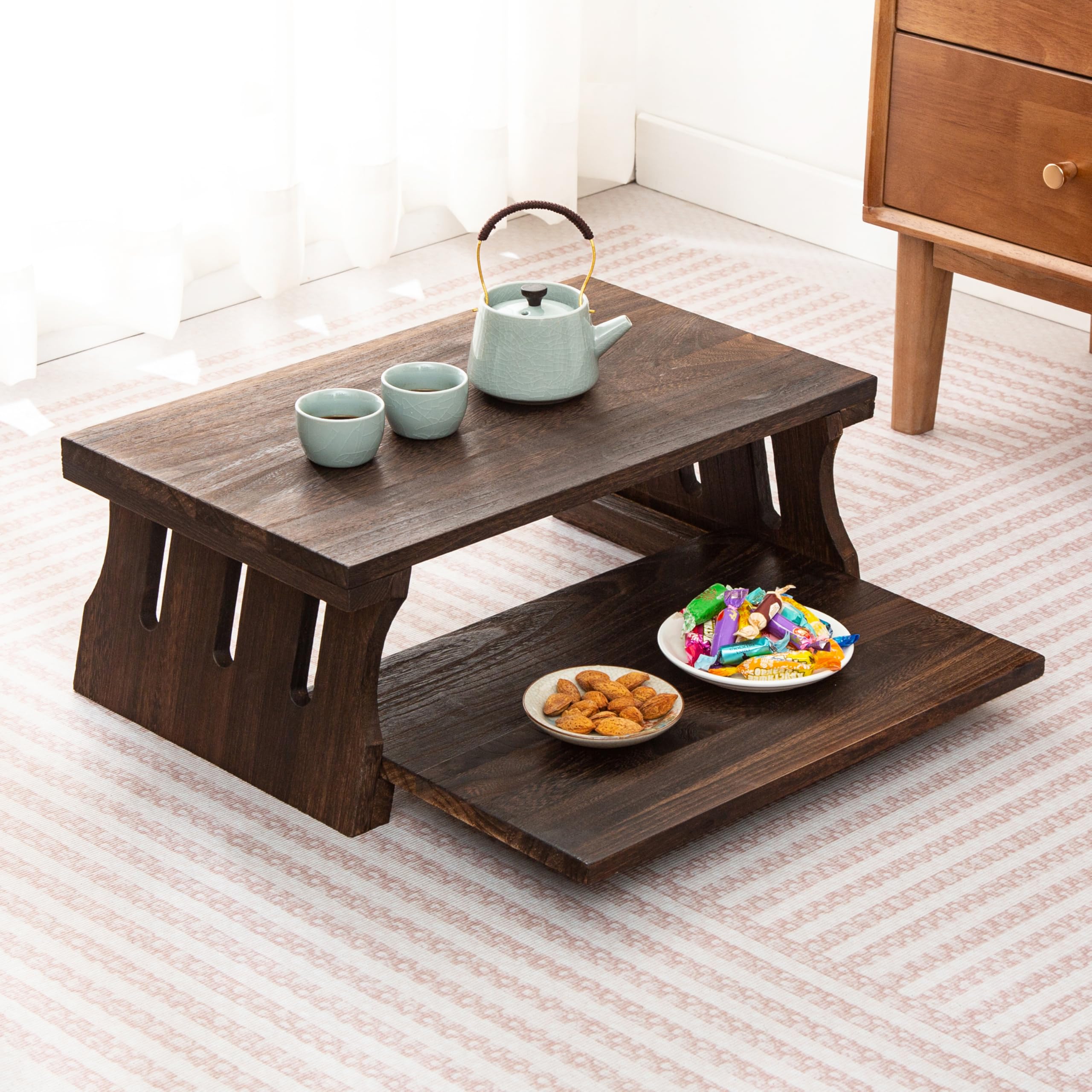 Japanese Altar Table, Vintage Black Minimalist Low Coffee Table, Foldable Wooden Tea Table for Living Room, Tatami and Meditation (Minimalist, Rustic Black, 19.7" Length)