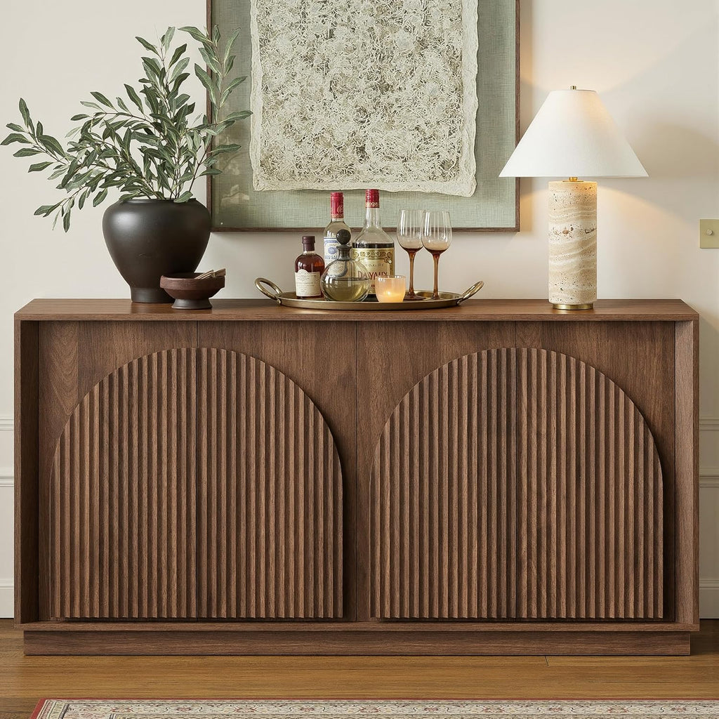 win2win Fluted Sideboard Buffet Cabinet with Storage, 65" Mid Century Modern Accent Cabinet with Double-Layered Arch Doors,Wood Media TV Console Table Credenza for Living Room Hallway Entryway,Walnut