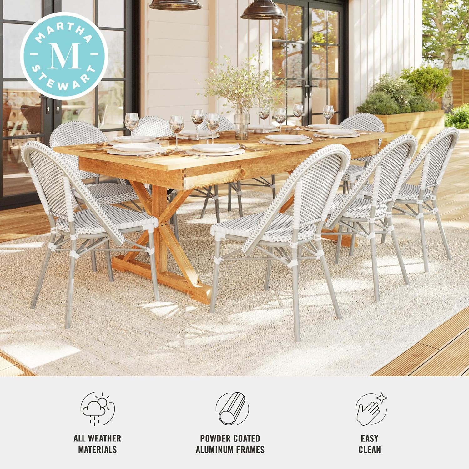 Martha Stewart Lily Pond Indoor-Outdoor Stackable Aluminum Bistro Chair with Natural Woodgrain Frame Finish and White/Navy Woven Rattan Backrest and Seat