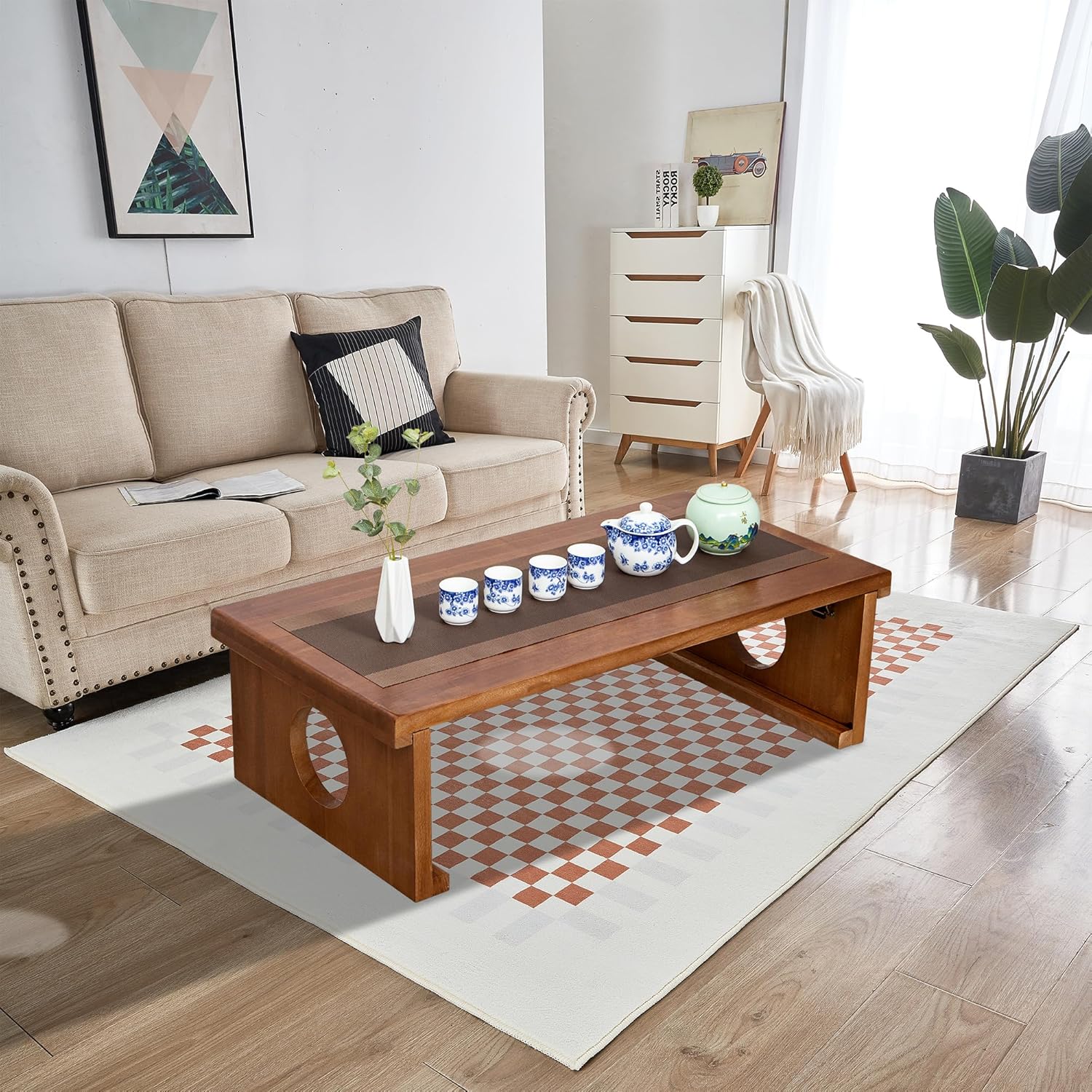 Foldable Japanese Coffee Table，Folding Japanese Floor Table，Natural Brown Coffee Table, Minimalist Tatami Table, Suitable for Living Room,Dining Room, Etc. (Natural Brown, 39.4″x19.7″x11.8″)