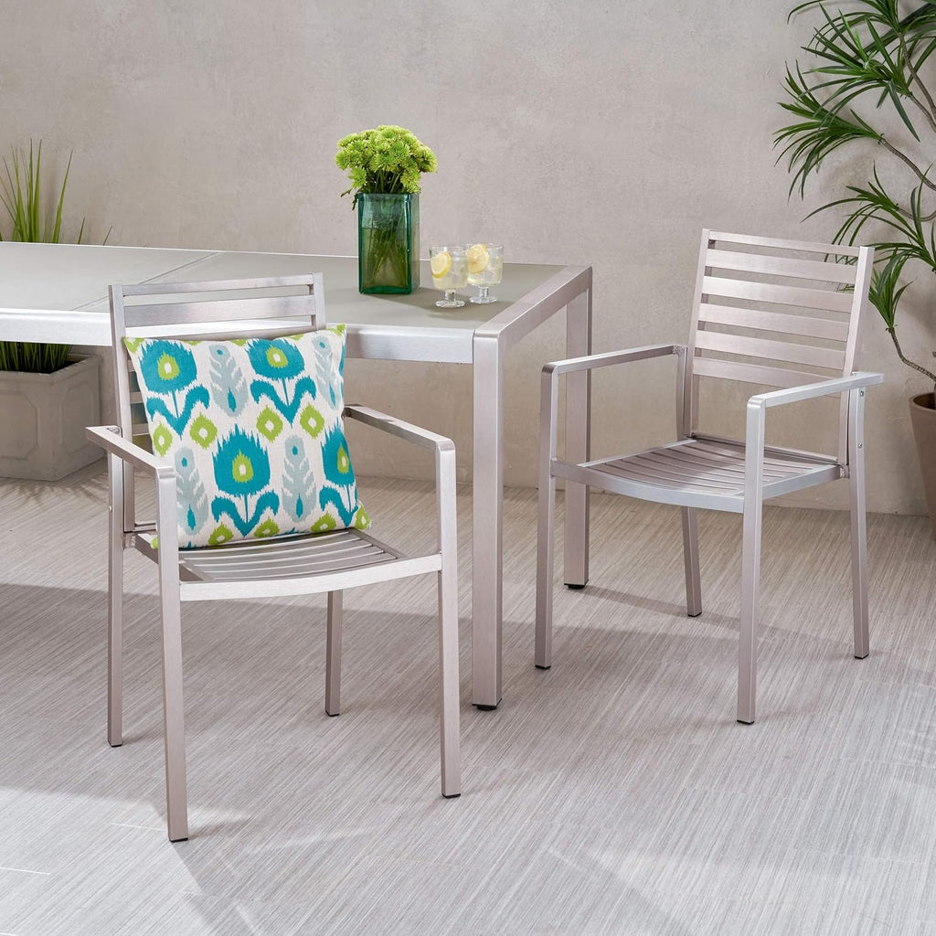 GDFStudio Outdoor Modern Aluminum Dining Chair (Set of 2), Silver