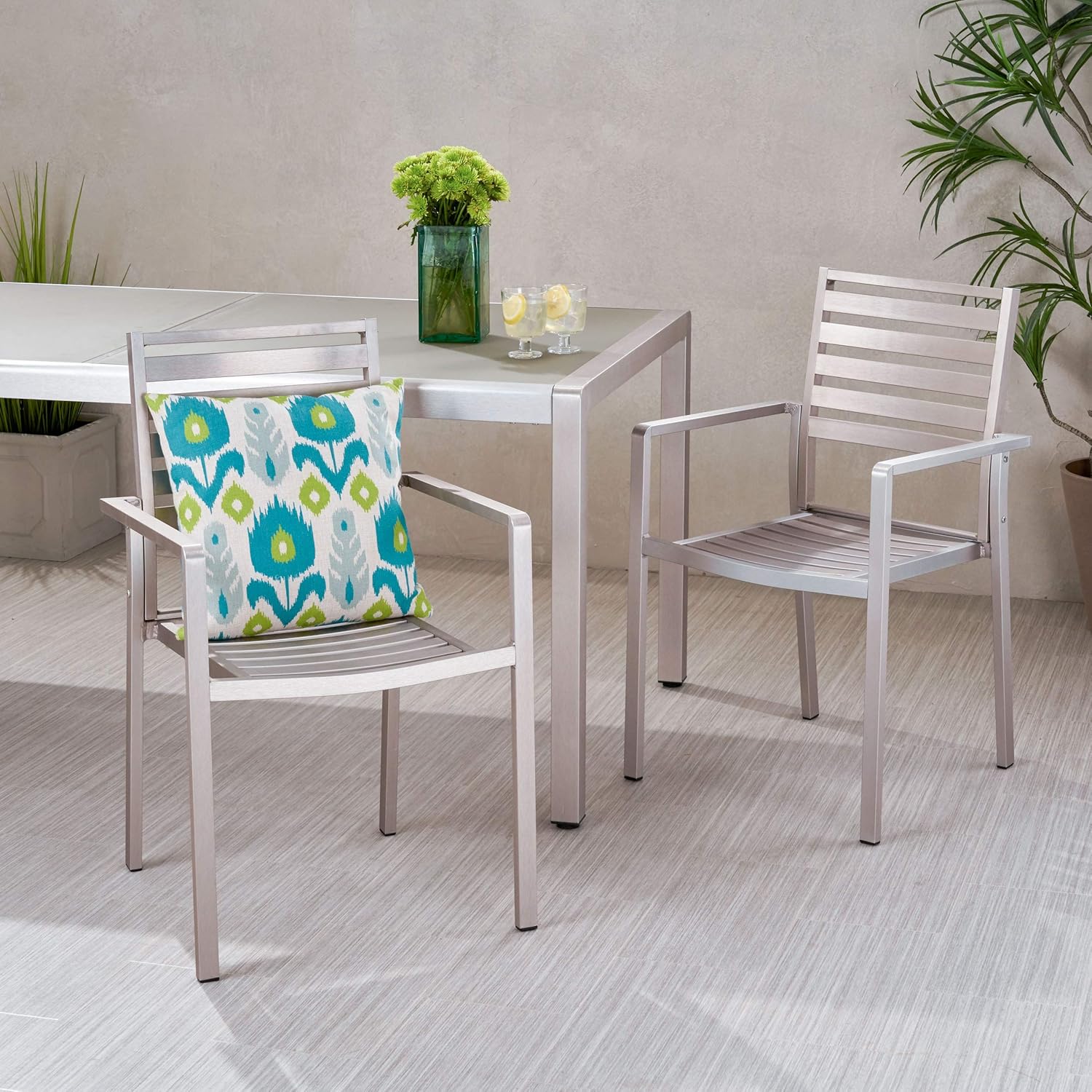 GDFStudio Outdoor Modern Aluminum Dining Chair (Set of 2), Silver