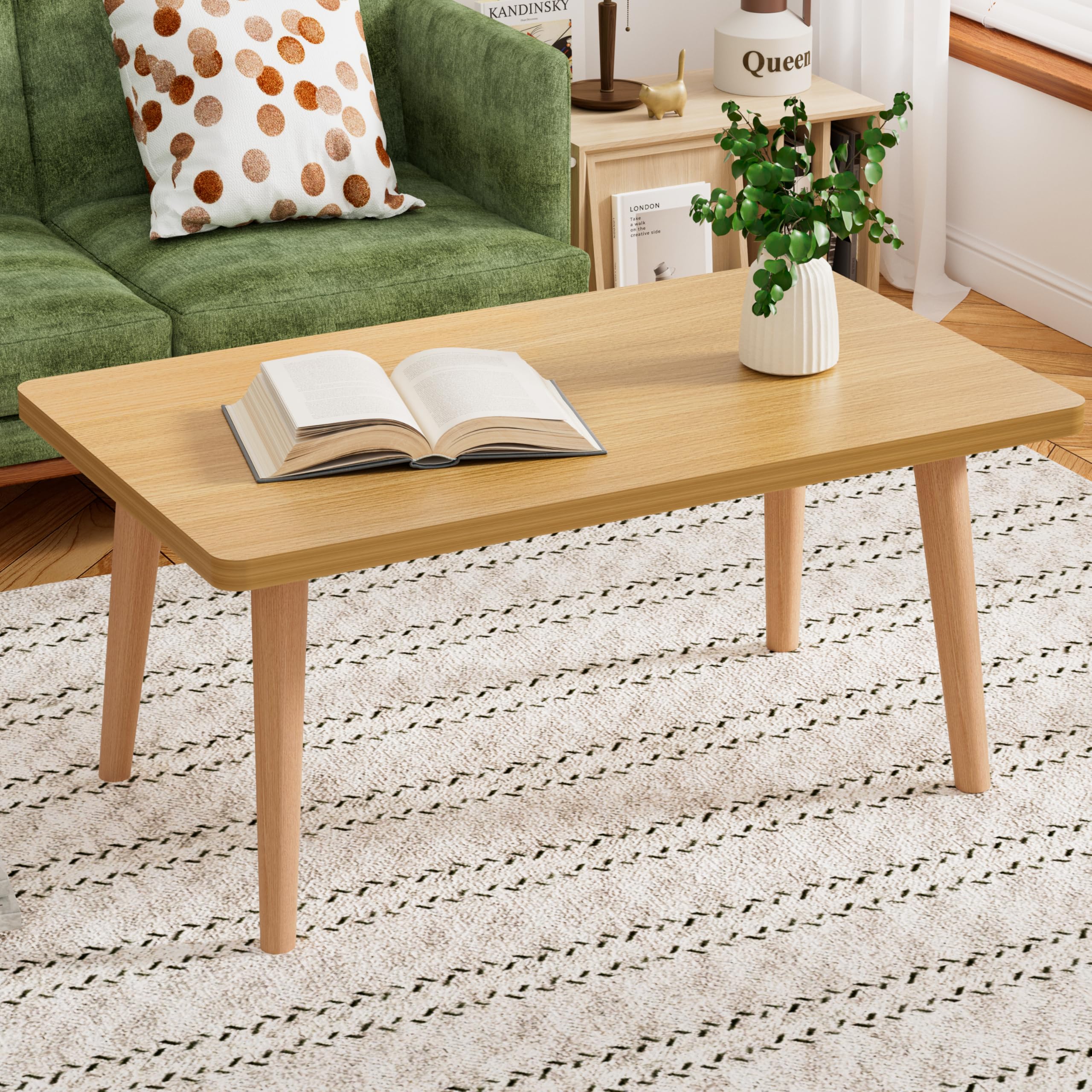 FAMIDGE Coffee Table, 23.6" Small Oval Coffee Tables for Small Space with 4 Solid Wood Leg, Floor Table Desk for Sitting on The Floor, Side Table Japanese Low Table for Living Room Apartment, Brown