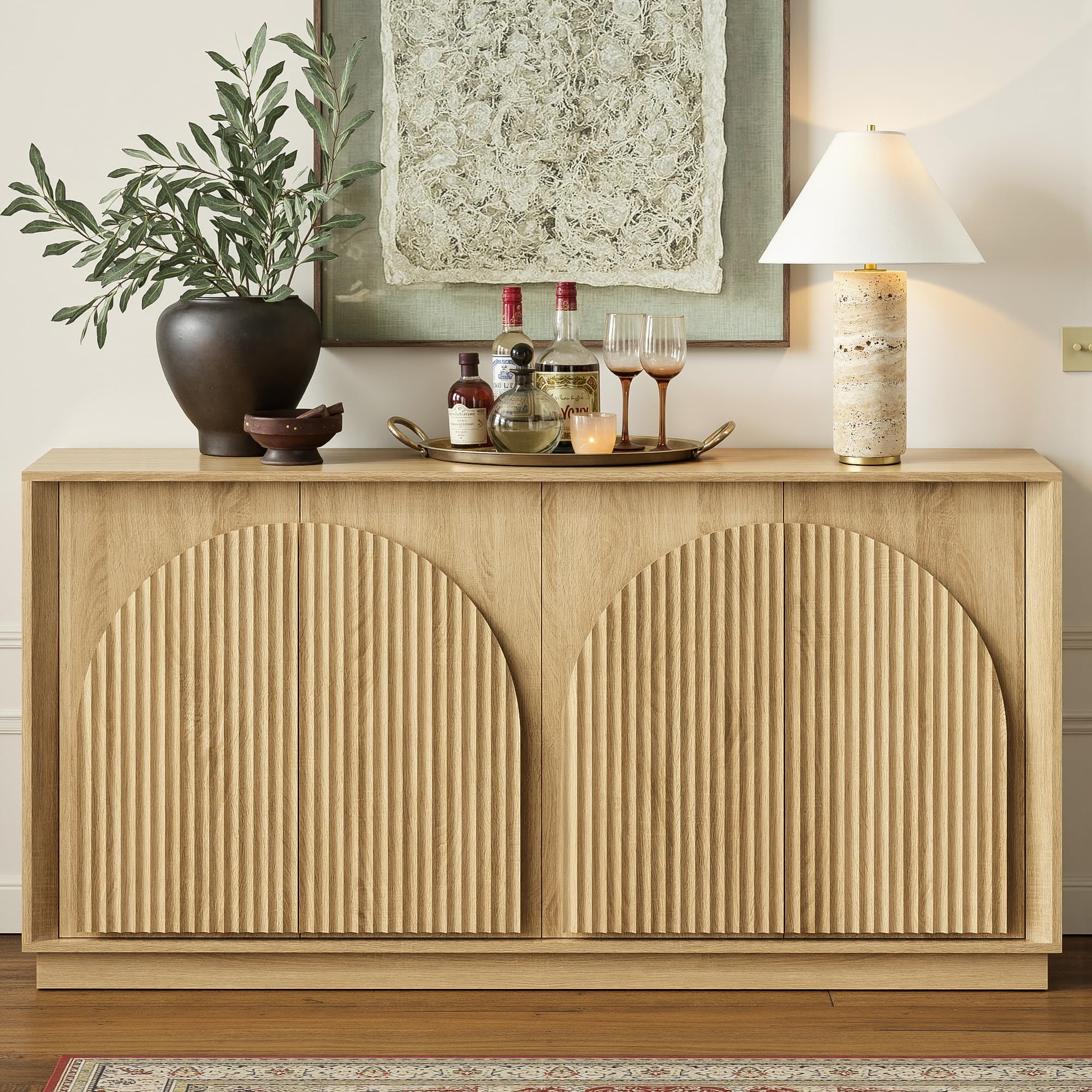 win2win Fluted Sideboard Buffet Cabinet with Storage, 65" Mid Century Modern Accent Cabinet with Double-Layered Arch Doors,Wood Media TV Console Table Credenza for Living Room Hallway Entryway,Walnut