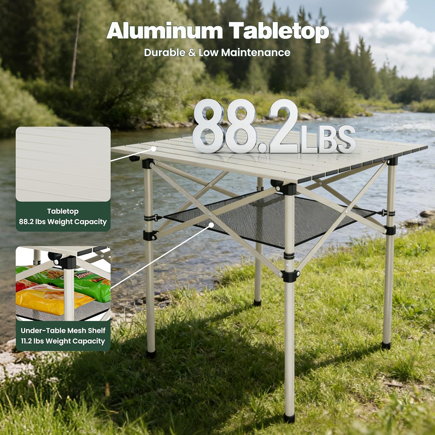 SUNNYFEEL Aluminum Folding Table for Camping, Lightweight Roll Up Top, Portable Camp Tables with Carry Bag for Outdoor Picnic (Square, Gray)