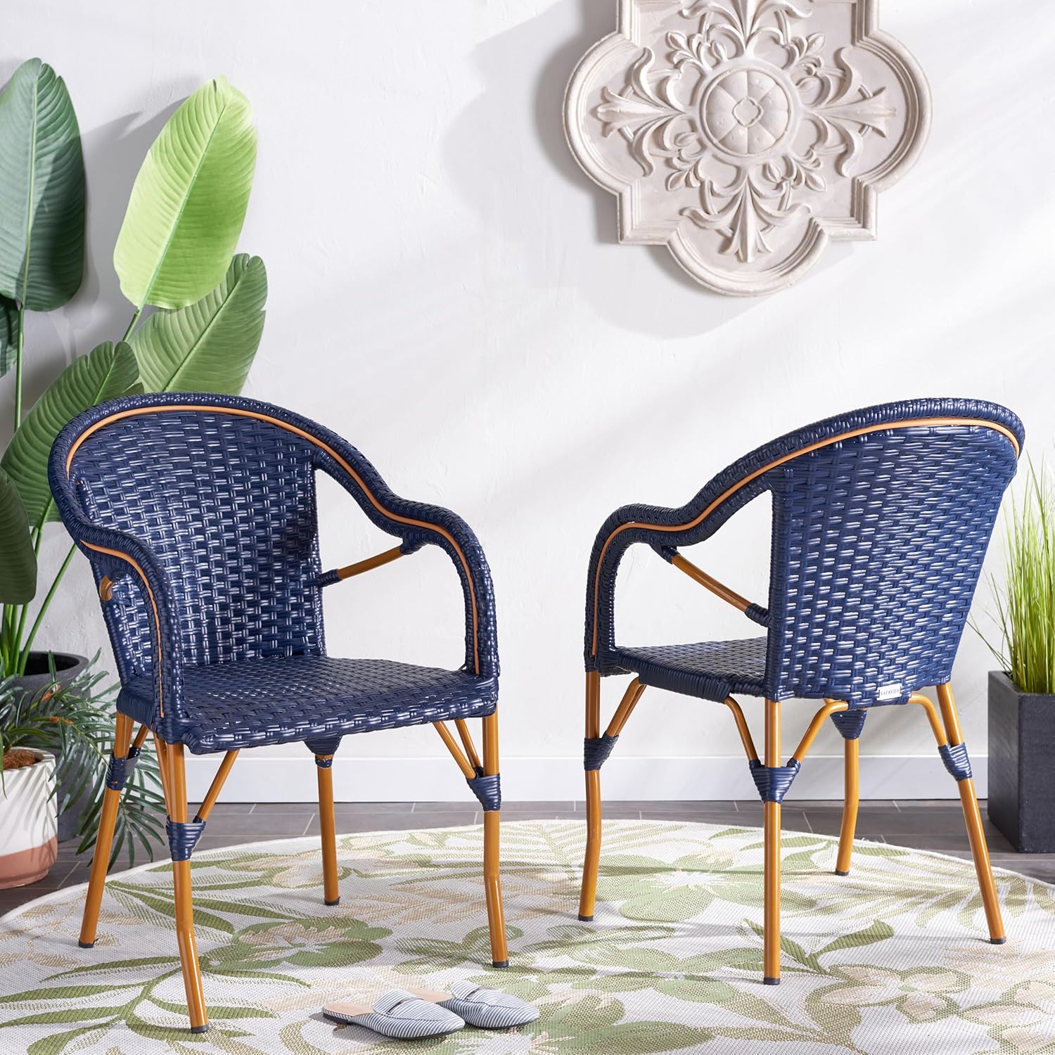 SAFAVIEH Outdoor - California Armchair Set of 2 - Navy - Faux Wicker & Aluminum Frame - Woven Bistro Design with Arms - Ideal for Patio, Deck, Sunroom, Dining Area, 17.3" Seat Height (PAT7531B-SET2)