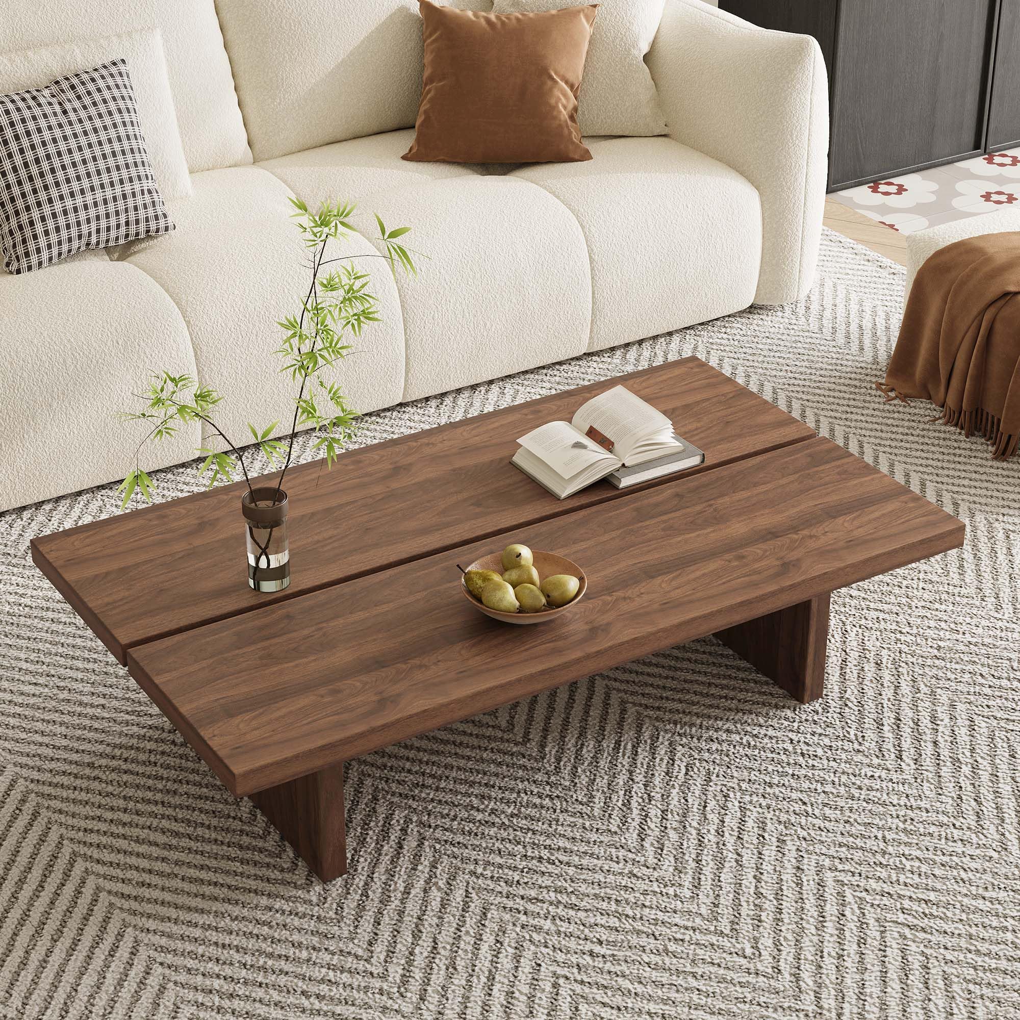 47" Rectangular Walnut Grain Coffee Table - Minimalist Modern Coffee Tables for Living Room, Japanese Tea Table, Low Profile Center Table for Home & Office (Brown)