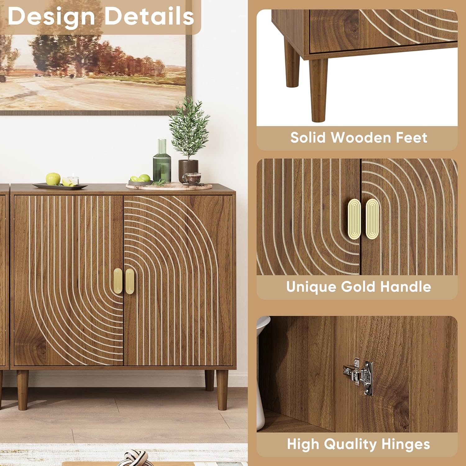 Smuxee Walnut Sideboard Cabinet, Freestanding Buffet Cabinet with Line Groove Design, Wood Storage Cabinet with Adjustable Shelf for Living Room, Entryway, Hallway