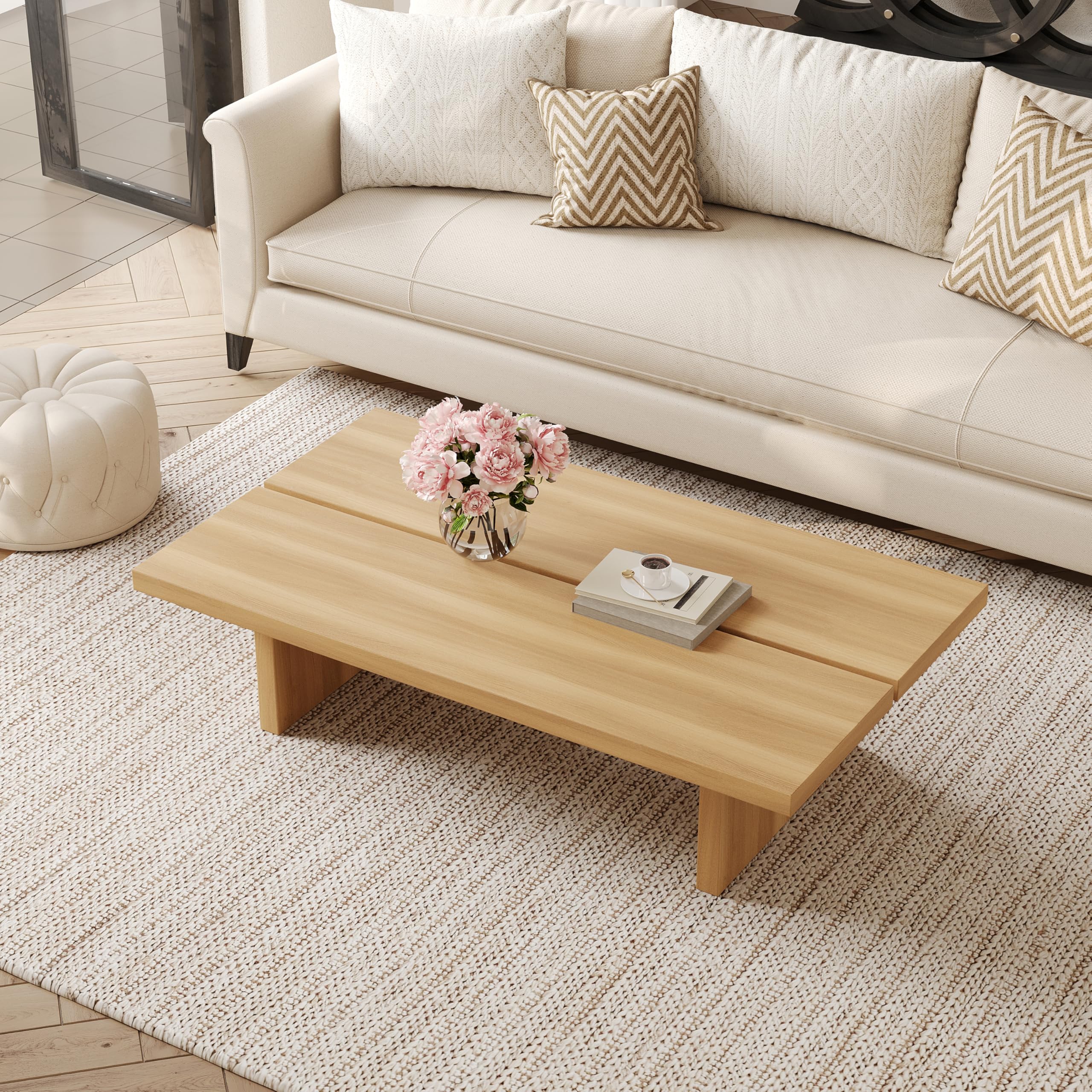 47" Rectangular Walnut Grain Coffee Table - Minimalist Modern Coffee Tables for Living Room, Japanese Tea Table, Low Profile Center Table for Home & Office (Brown)