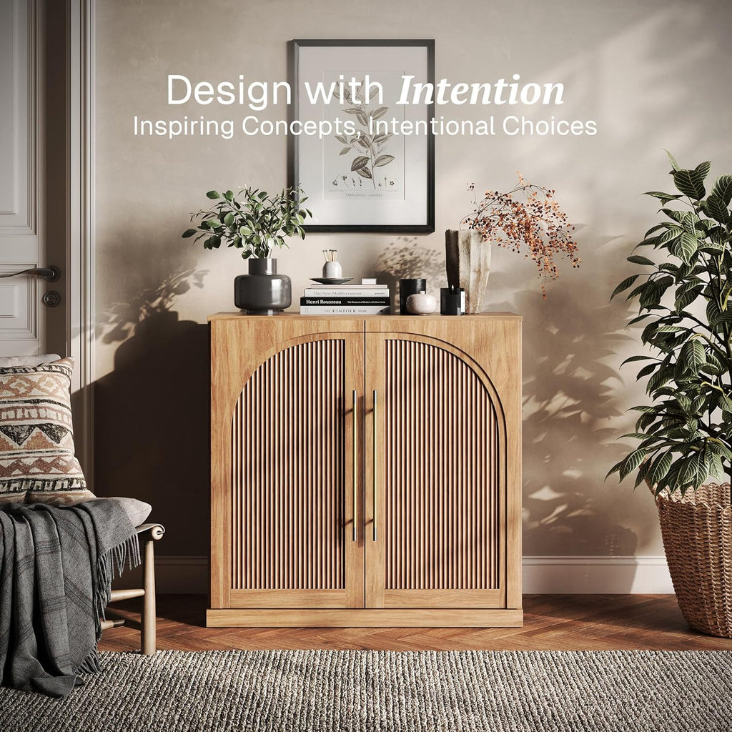 BELLEZE Modular Sideboard with Double-Arc Wood Doors, Small Arched Buffet Cabinet with Storage and Adjustable Shelves, Classic Modern Credenza for Dining Room, Living Room, or Entryway(Camel)
