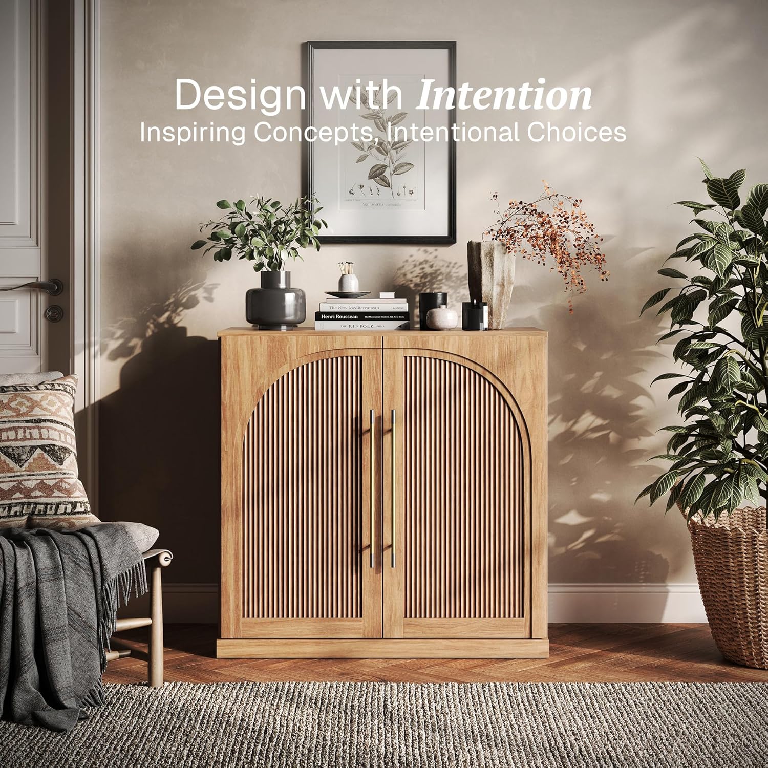 BELLEZE Modular Sideboard with Double-Arc Wood Doors, Small Arched Buffet Cabinet with Storage and Adjustable Shelves, Classic Modern Credenza for Dining Room, Living Room, or Entryway(Camel)